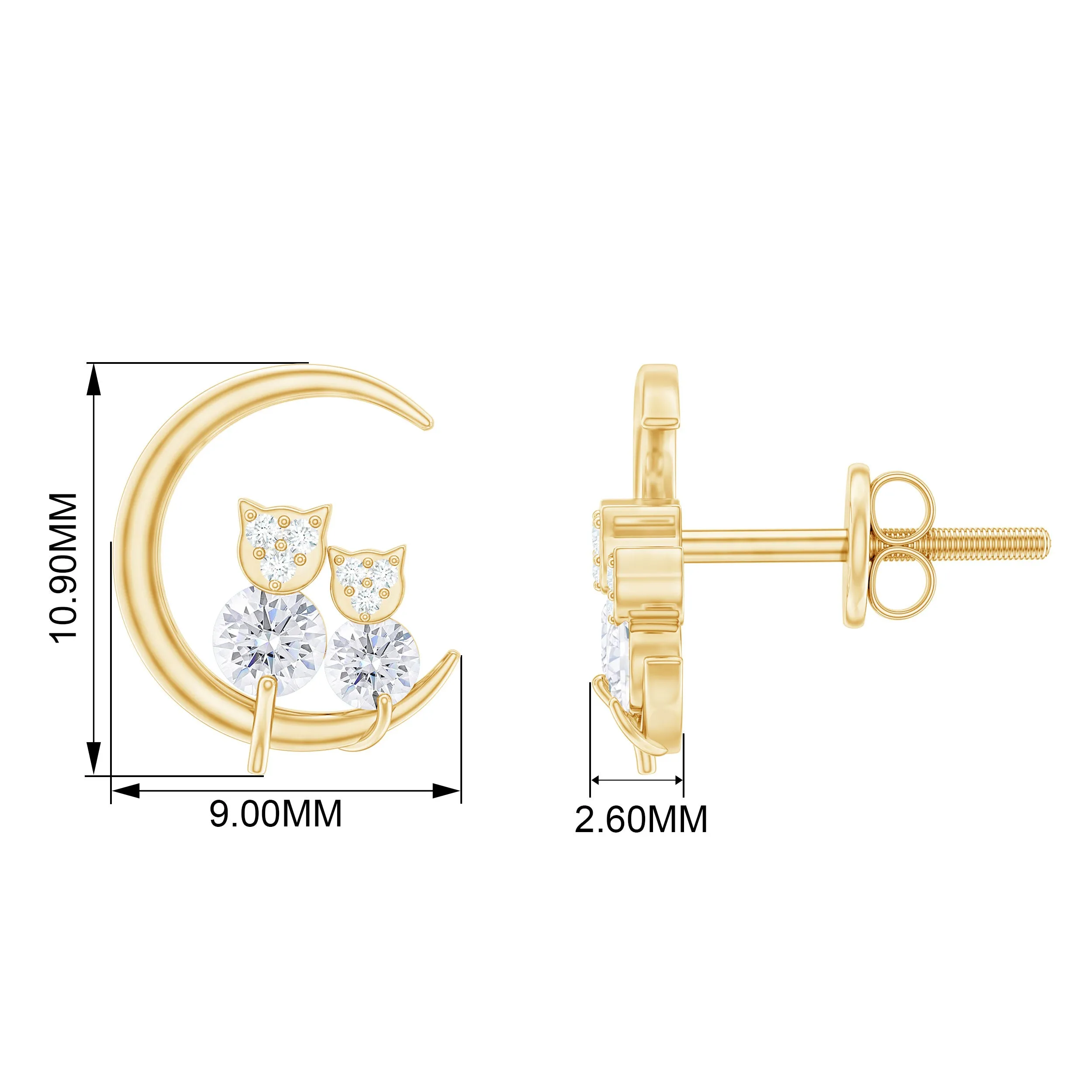 1/2 CT Designer Zircon Gold Moon Cat Stud Earrings