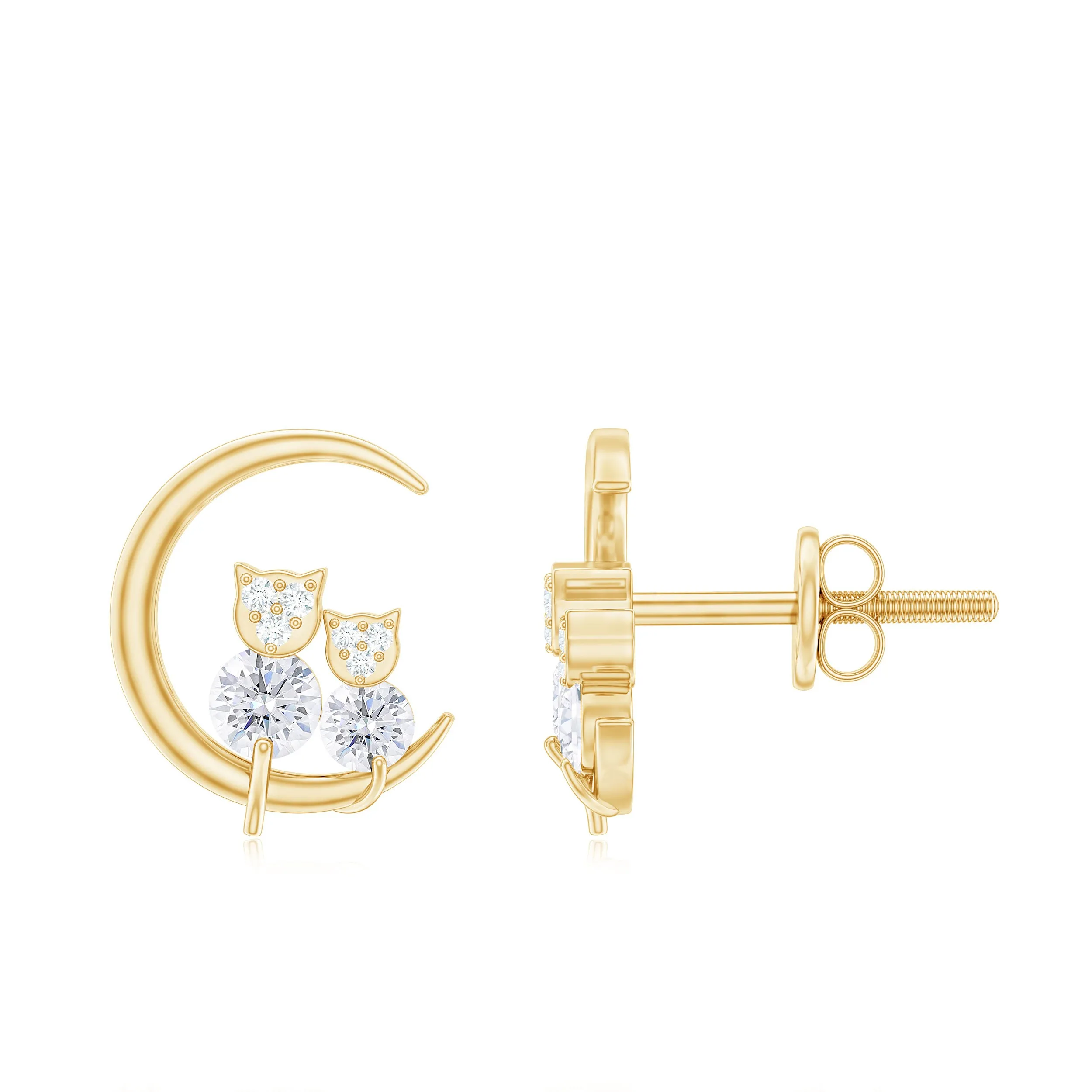 1/2 CT Designer Zircon Gold Moon Cat Stud Earrings