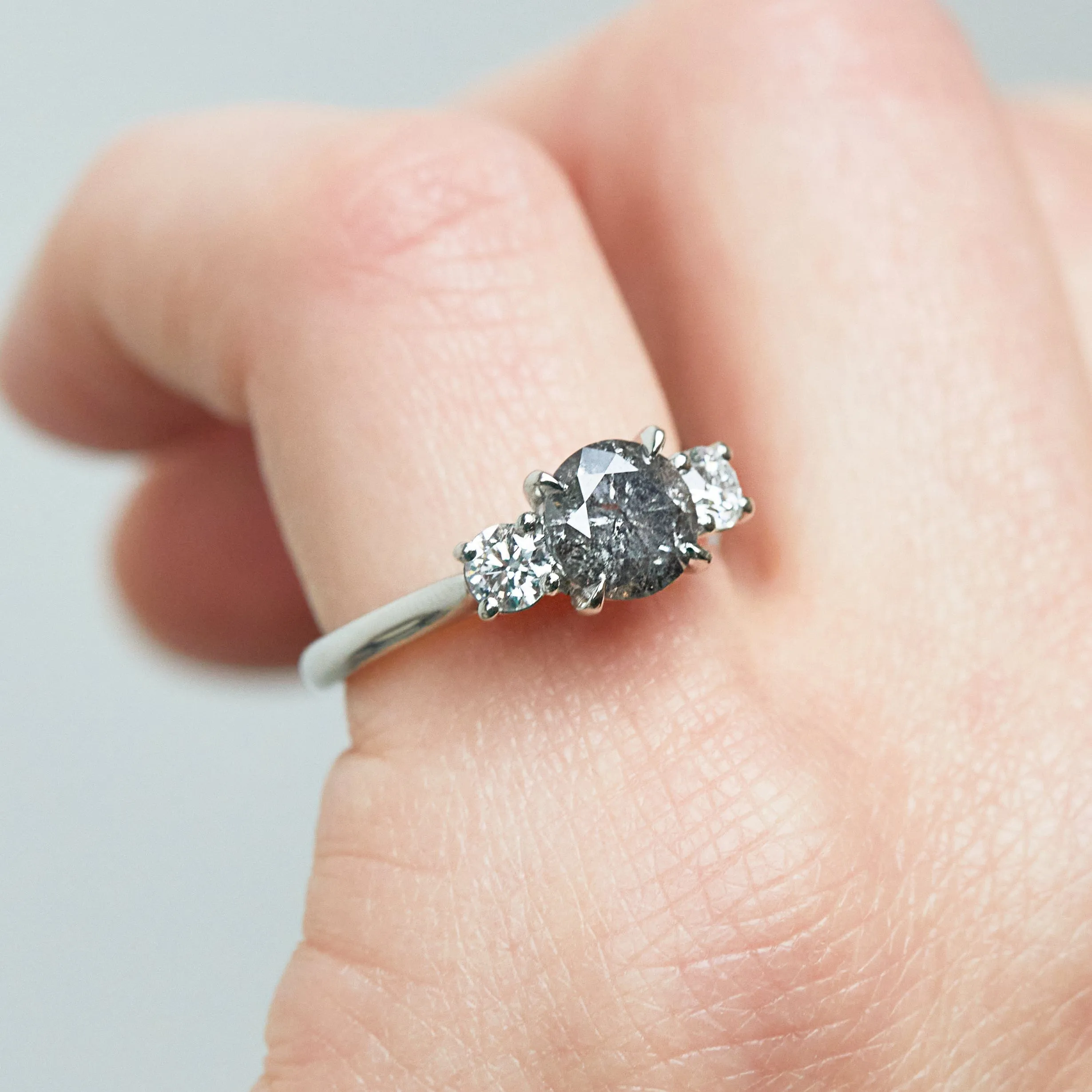 1.23ct Round Brilliant Cut Salt and Pepper Diamond Ring, Aphrodite Setting