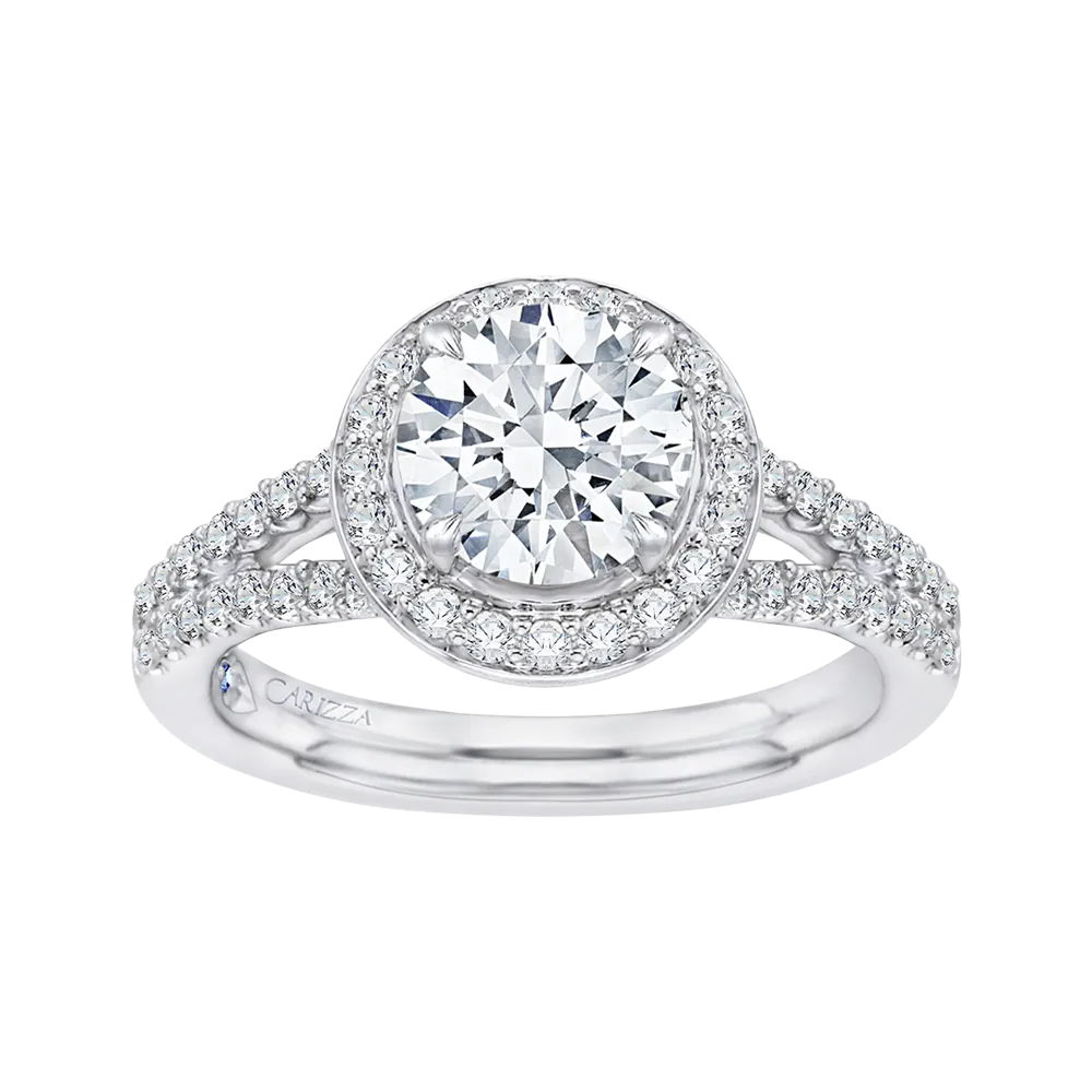 14K White Gold Round Halo Diamond Engagement Ring with Split Shank (Semi Mount)