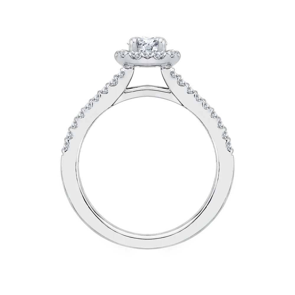 14K White Gold Split Shank Round Diamond Halo Engagement Ring
