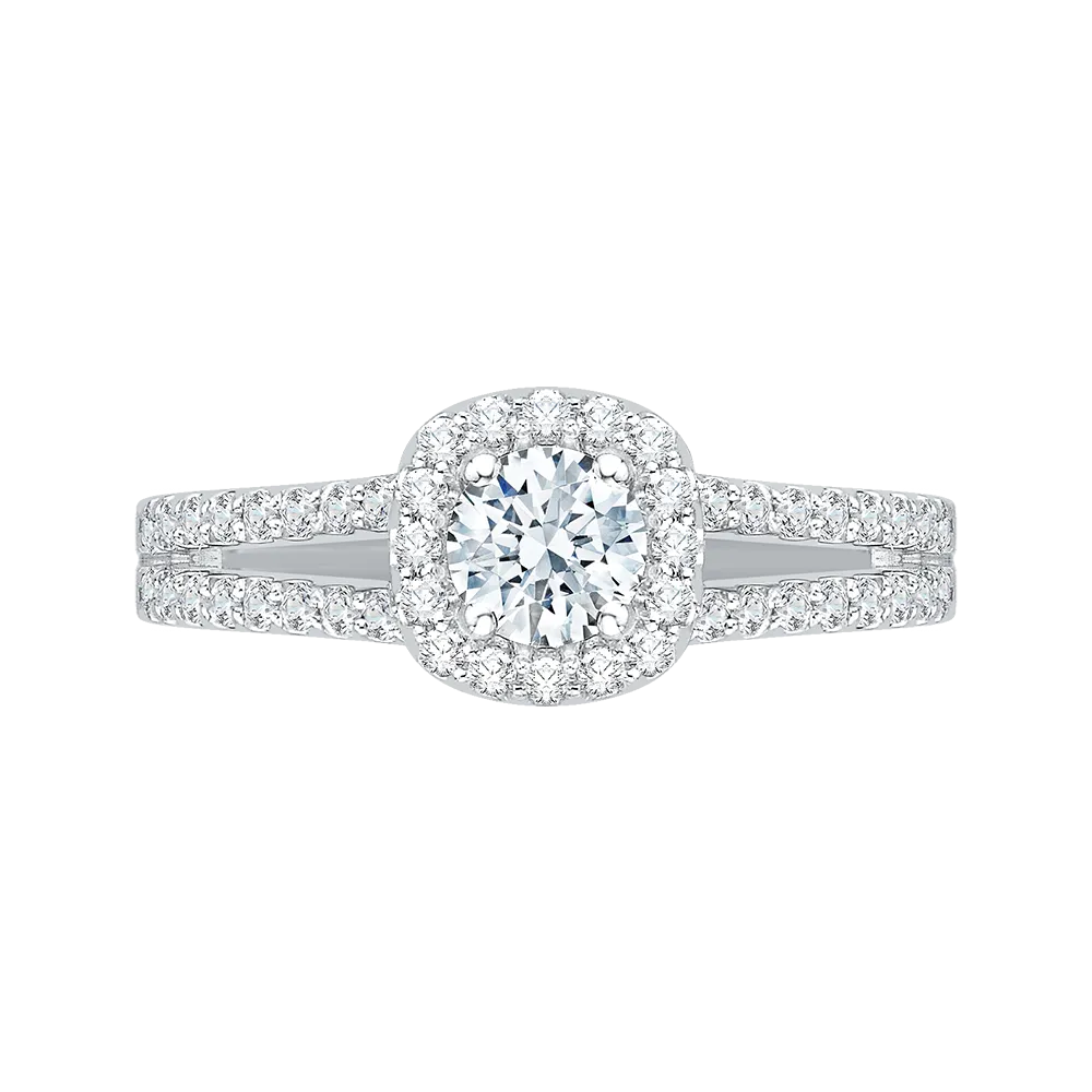 14K White Gold Split Shank Round Diamond Halo Engagement Ring