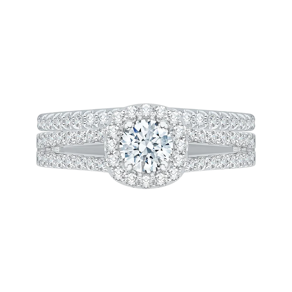14K White Gold Split Shank Round Diamond Halo Engagement Ring