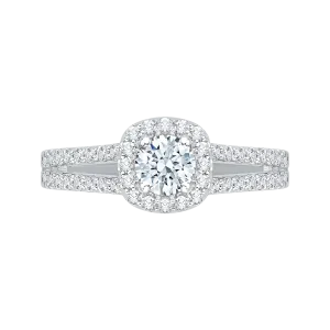 14K White Gold Split Shank Round Diamond Halo Engagement Ring