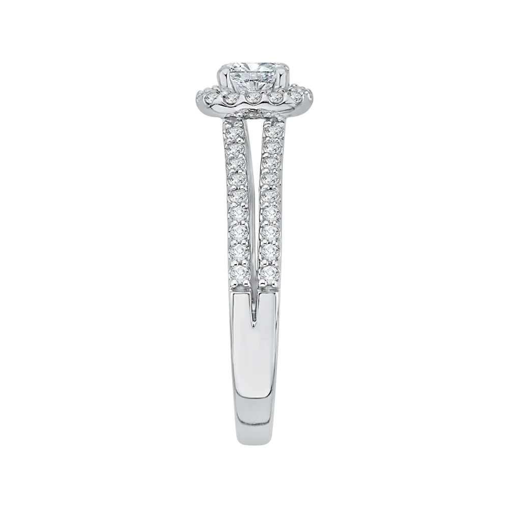 14K White Gold Split Shank Round Diamond Halo Engagement Ring