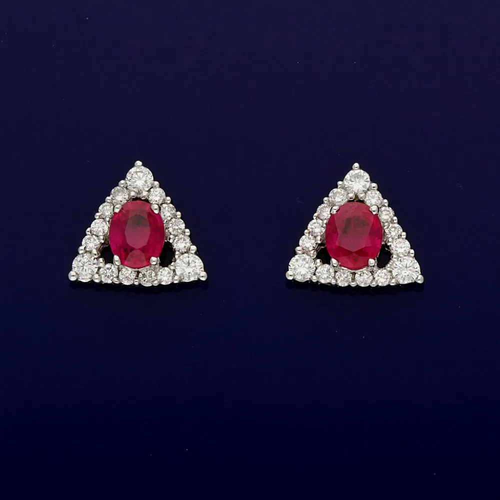 18ct White Gold Ruby and Diamond Triangle Cluster Stud Earrings