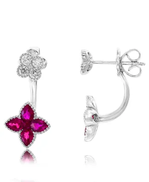 18K WHITE GOLD RUBY DIAMOND DROP EARRINGS