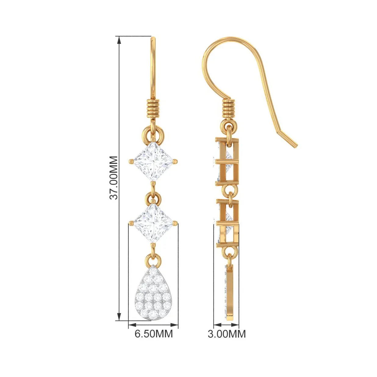 2 CT Princess and Round Cut Zircon Drop Dangle Earrings