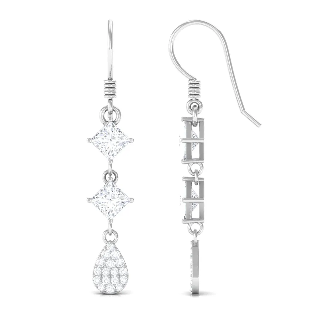 2 CT Princess and Round Cut Zircon Drop Dangle Earrings