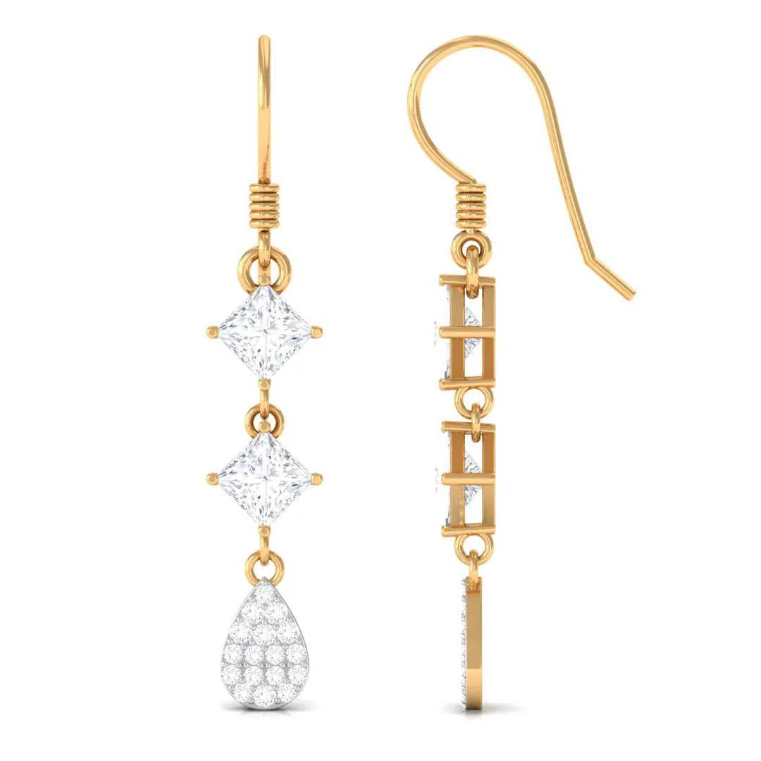 2 CT Princess and Round Cut Zircon Drop Dangle Earrings