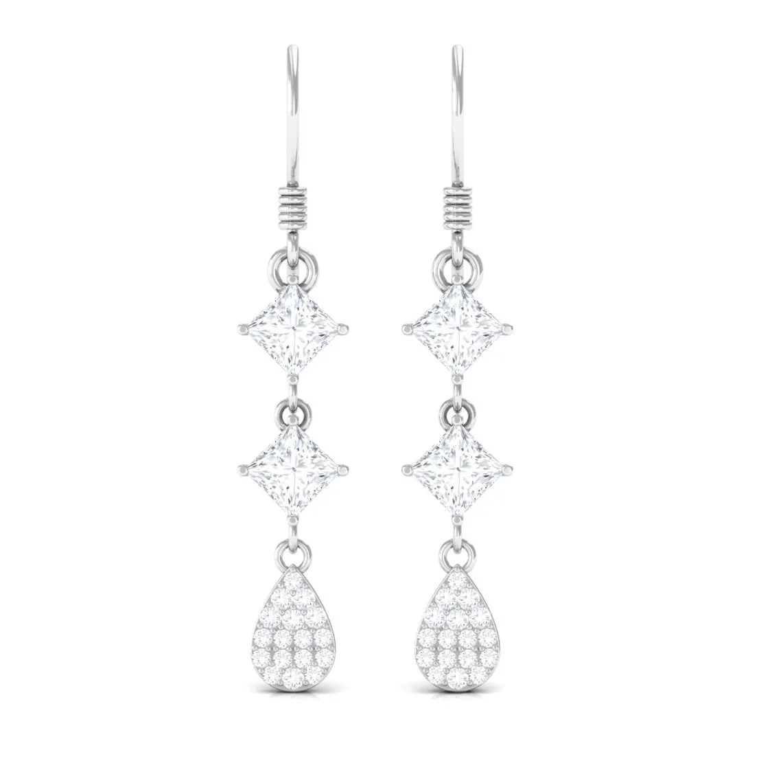 2 CT Princess and Round Cut Zircon Drop Dangle Earrings