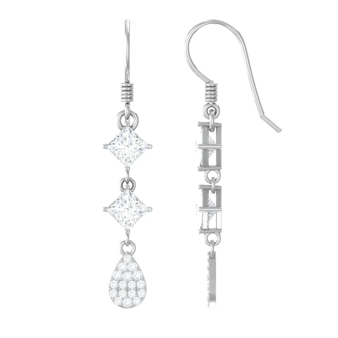 2 CT Princess and Round Cut Zircon Drop Dangle Earrings