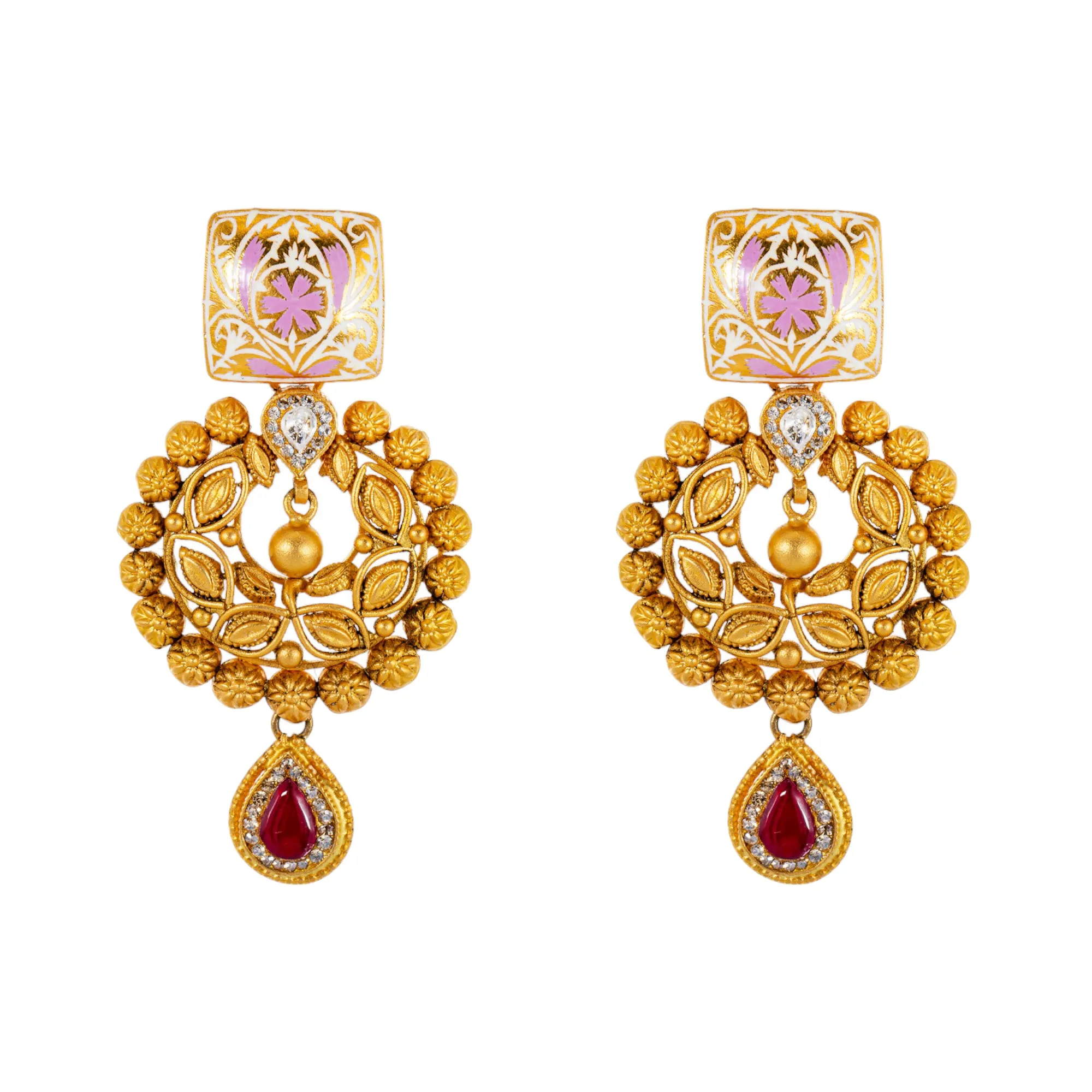22K Antique Gold Jewelry Set w/ CZ, Kundan & Ruby (46.5gm)
