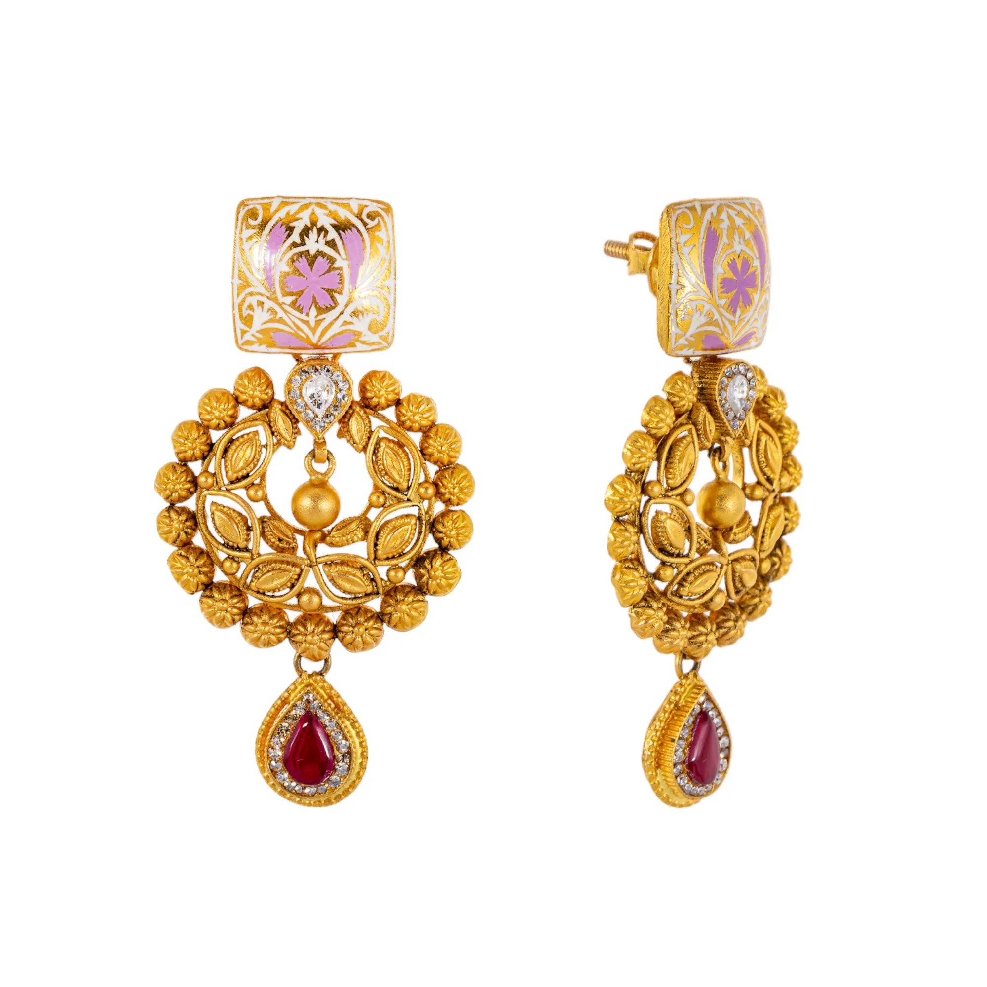 22K Antique Gold Jewelry Set w/ CZ, Kundan & Ruby (46.5gm)