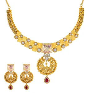 22K Antique Gold Jewelry Set w/ CZ, Kundan & Ruby (46.5gm)