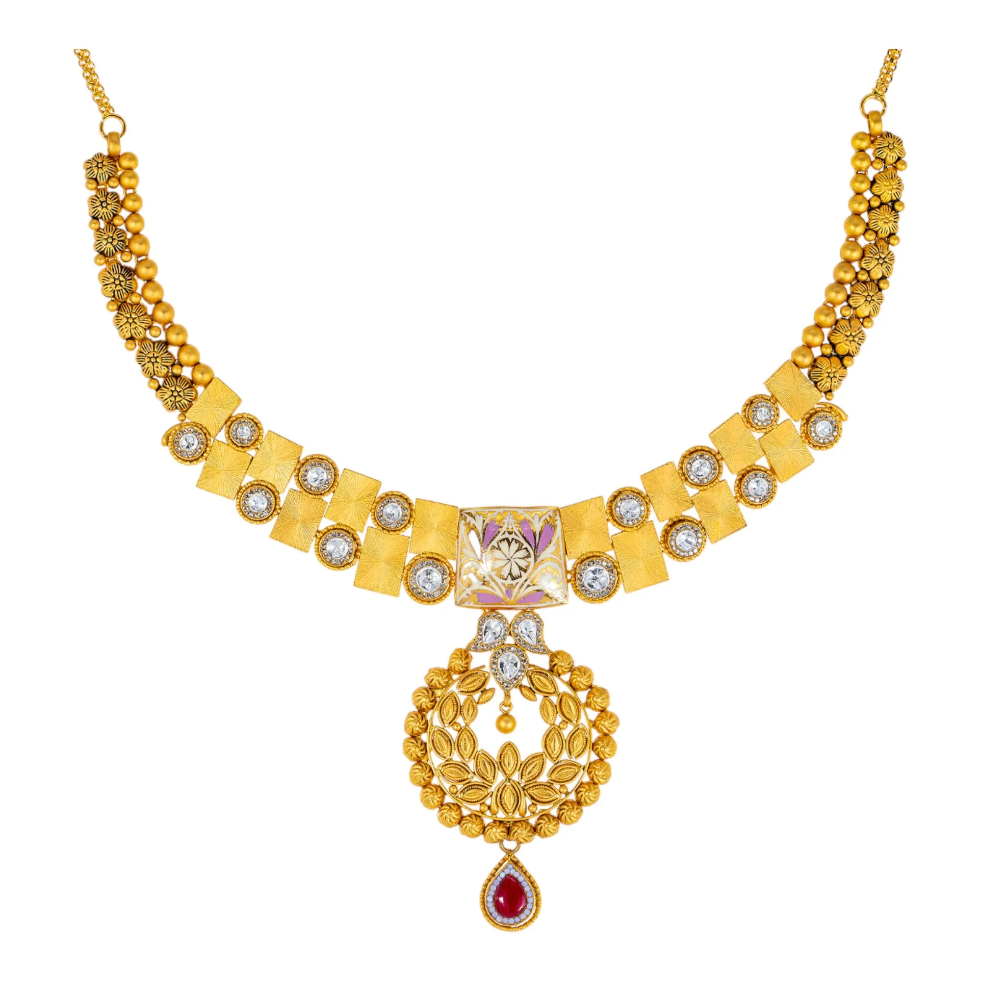 22K Antique Gold Jewelry Set w/ CZ, Kundan & Ruby (46.5gm)
