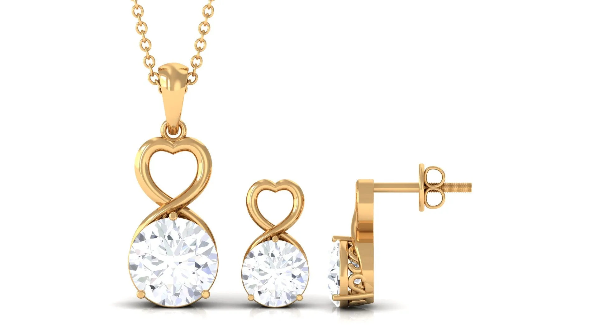 4 CT Round Zircon Solitaire Gold Infinity Pendant Earrings Set