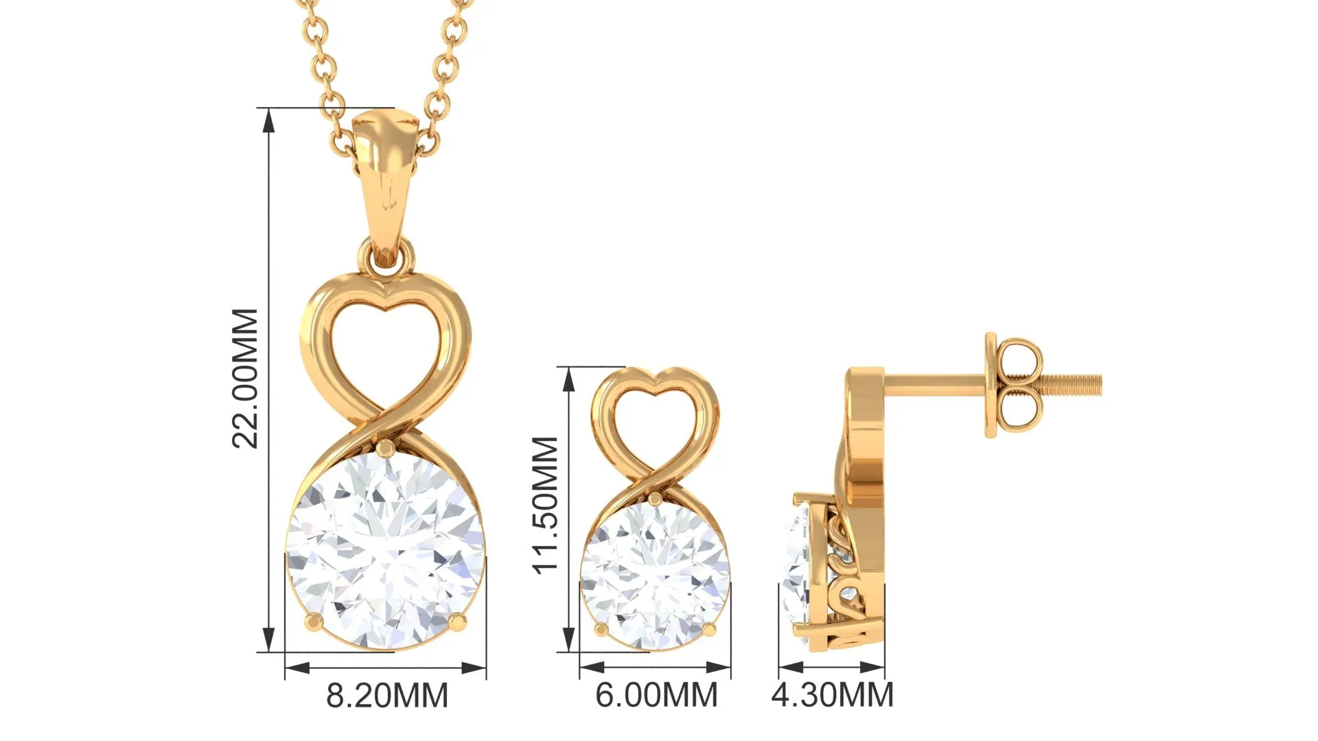 4 CT Round Zircon Solitaire Gold Infinity Pendant Earrings Set