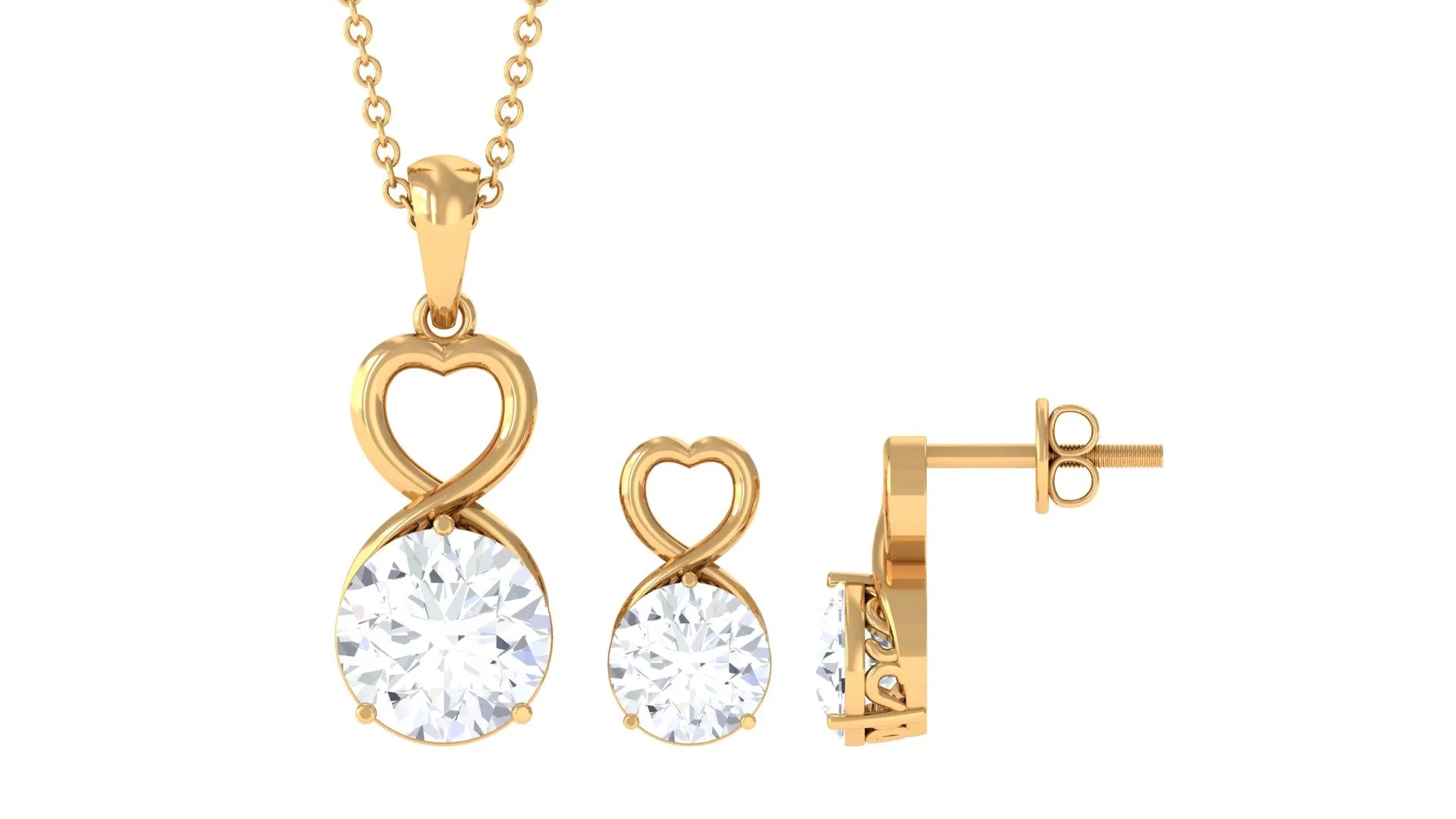 4 CT Round Zircon Solitaire Gold Infinity Pendant Earrings Set