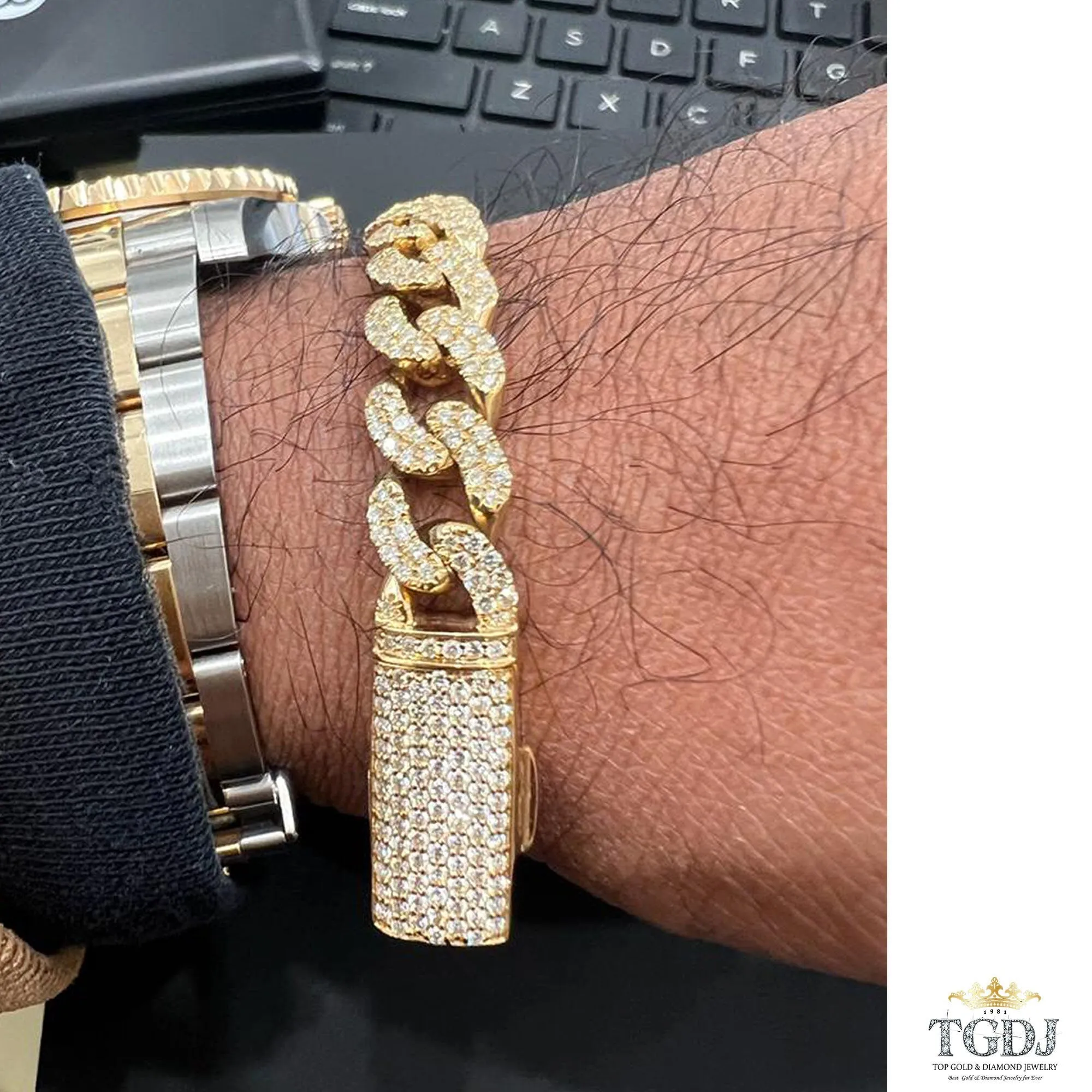 9mm 10k yellow Gold Miami Cuban Link Diamond Bracelet - Iced Out Bracelet 4.8ct Diamond 10k yellow gold Bracelet Hip Hop Chain Gifts for Him