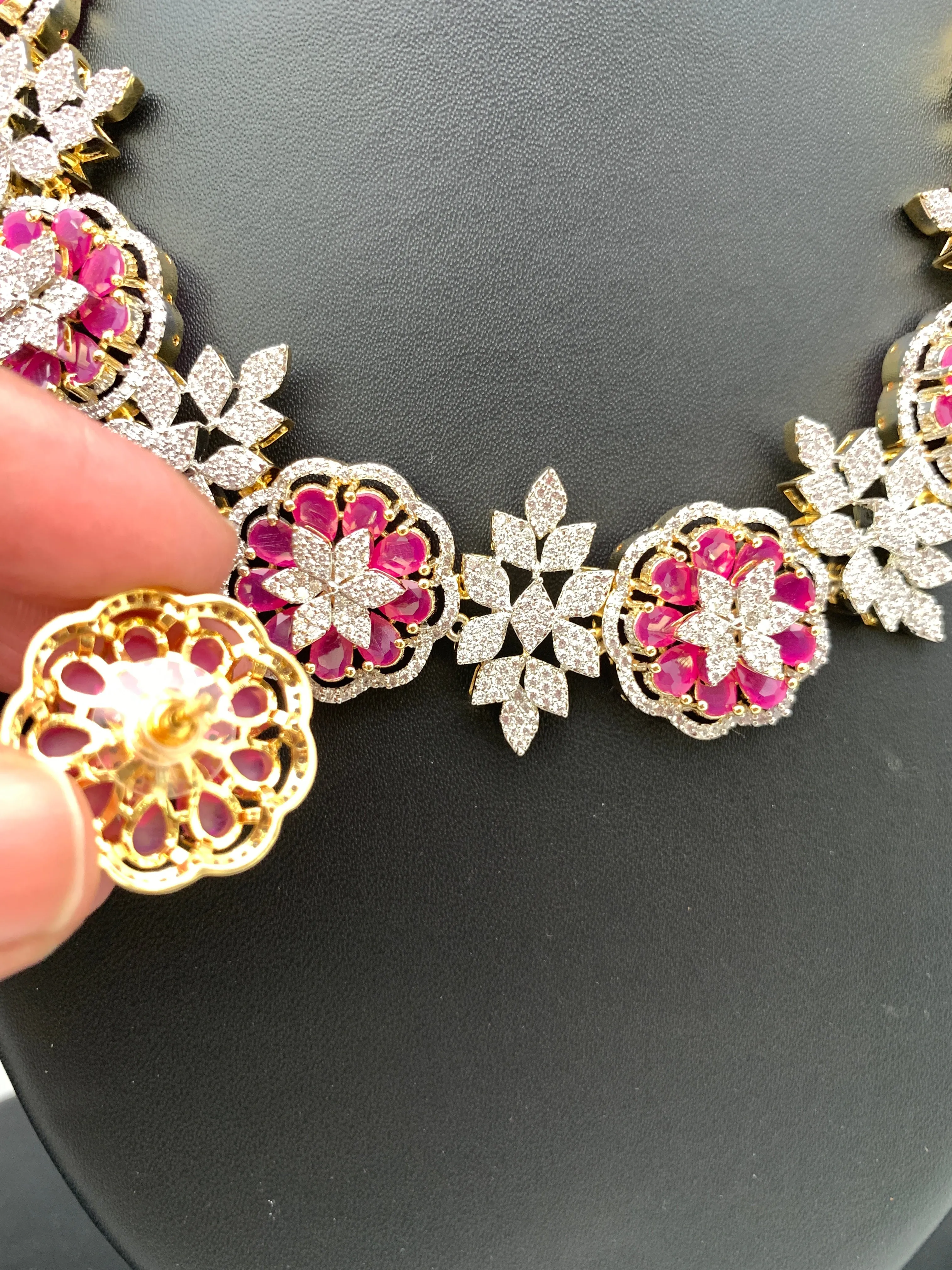 AD Ruby Red Stone Floral Links Neckline Short Necklace