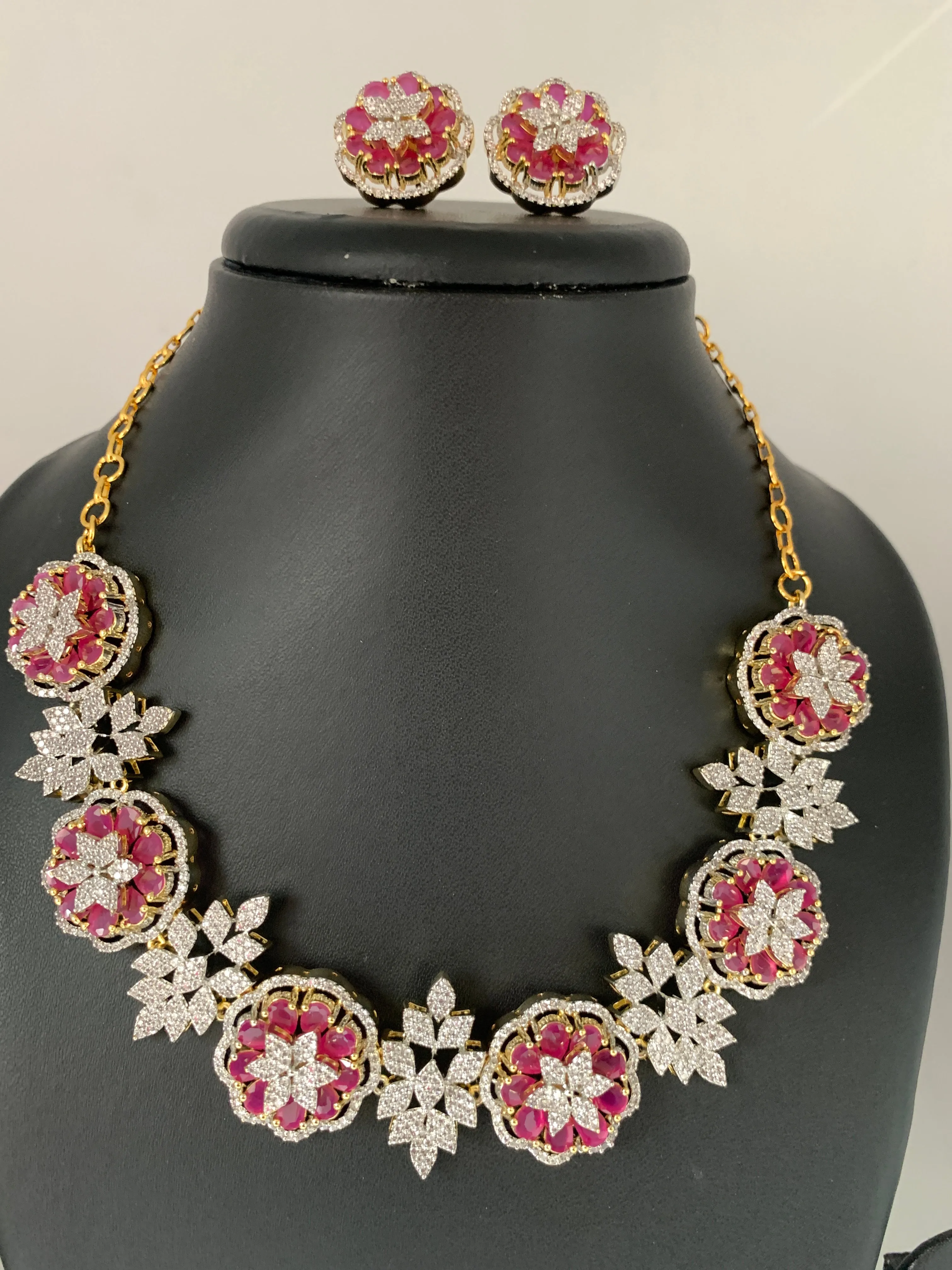 AD Ruby Red Stone Floral Links Neckline Short Necklace