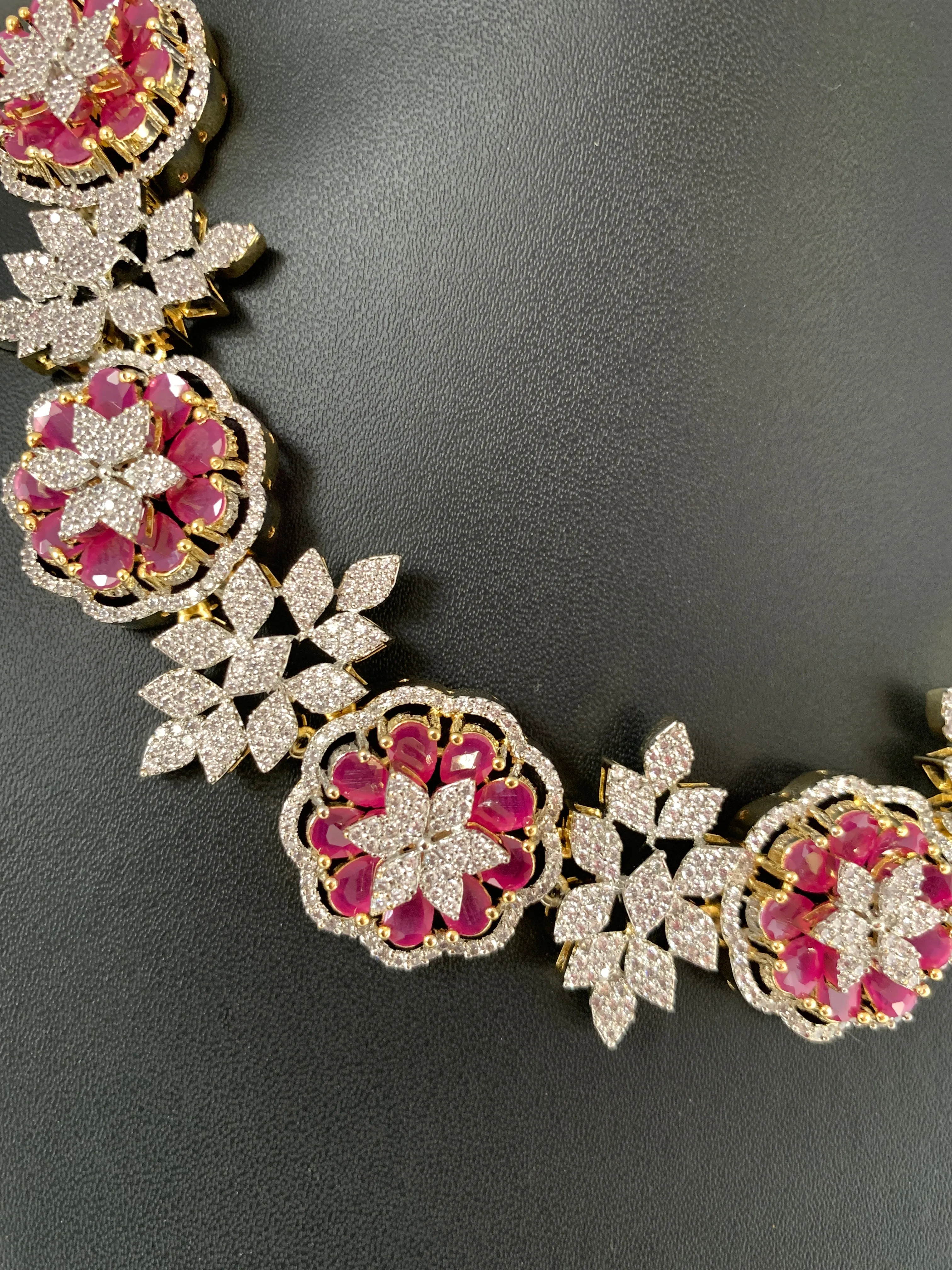 AD Ruby Red Stone Floral Links Neckline Short Necklace