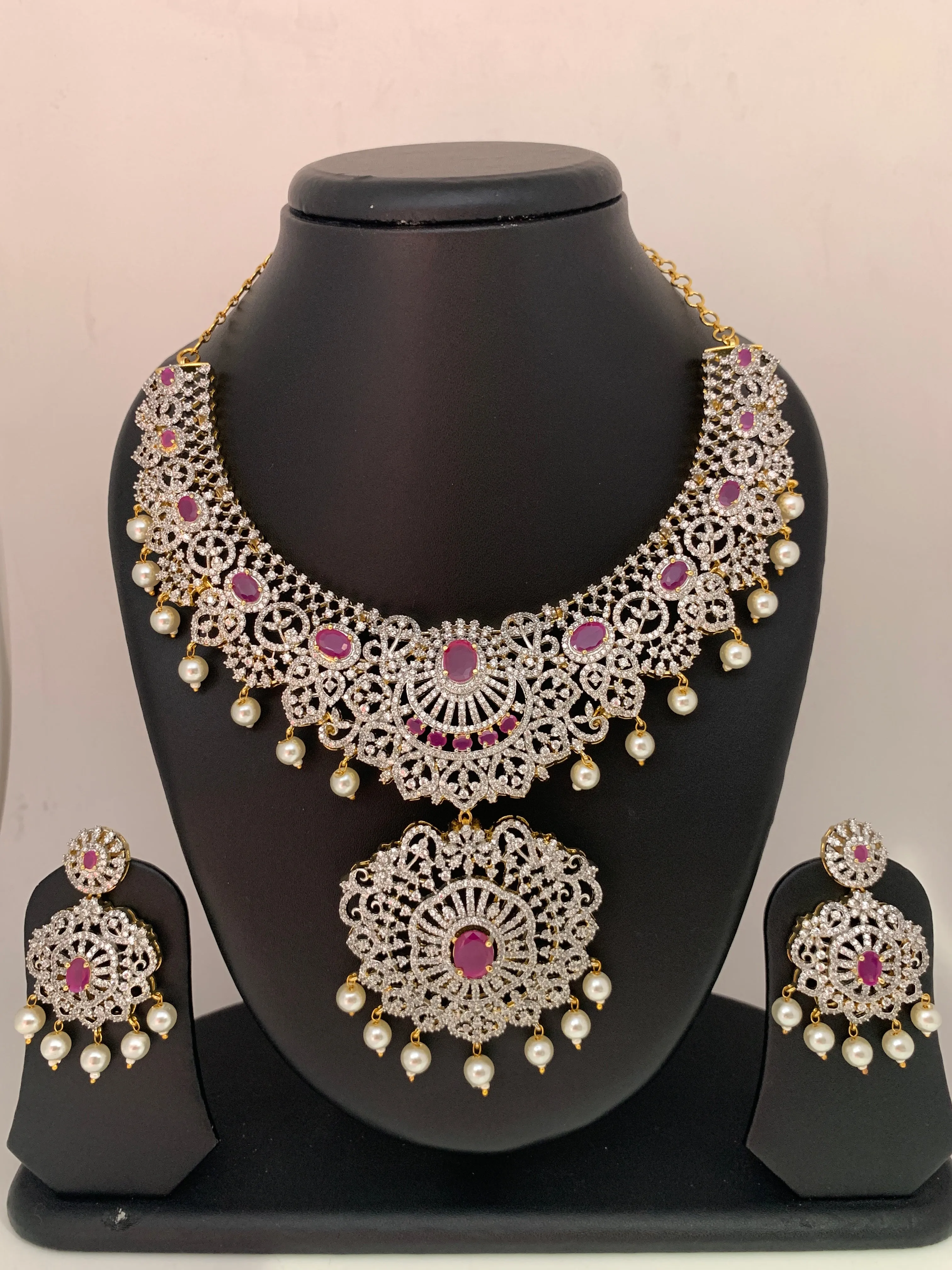 AD Ruby Red Stone Ganga Jamuna Polish Neckline Short Necklace