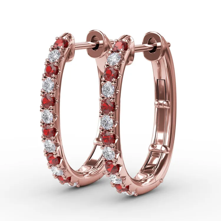 Alternaing Ruby and Diamond Hoop Earrings