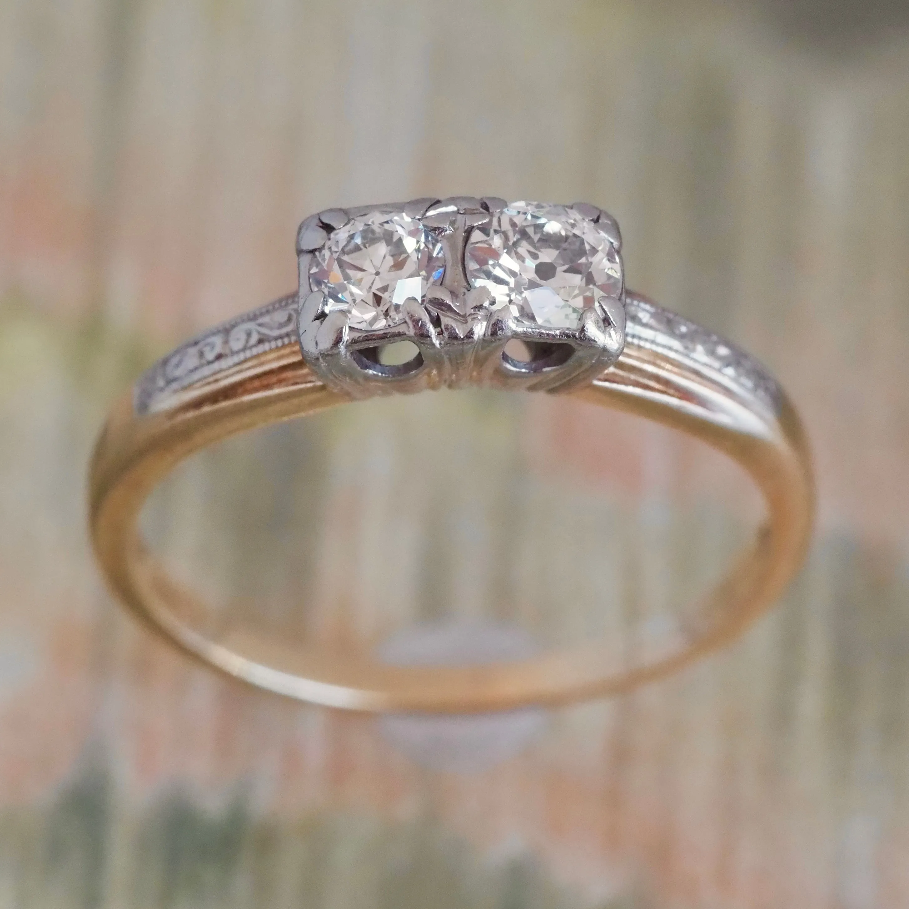 Antique Art Deco Double Old European Cut Diamond 14k Gold & Palladium Engagement Ring