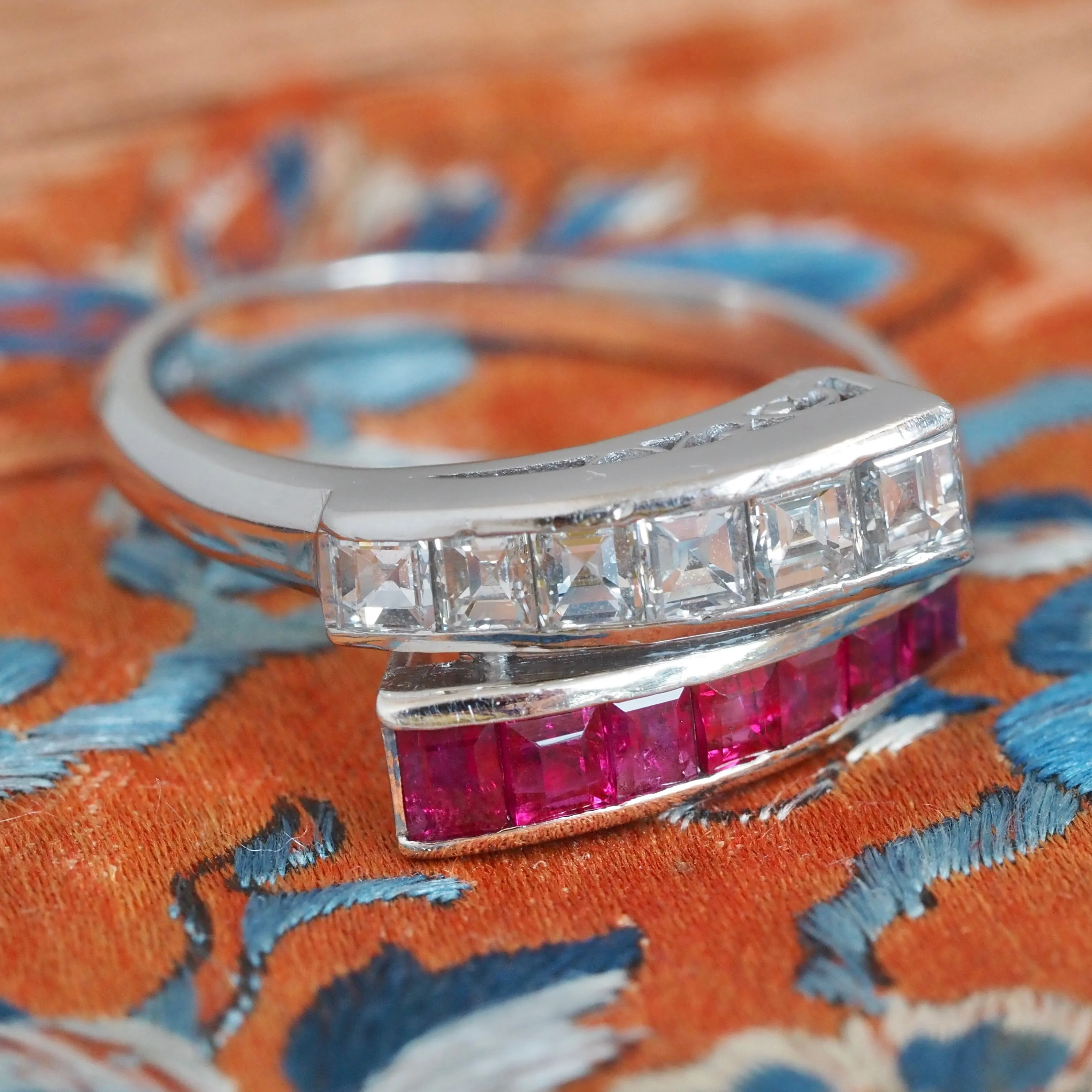 Antique Art Deco Platinum Diamond and Natural Ruby Bypass Ring