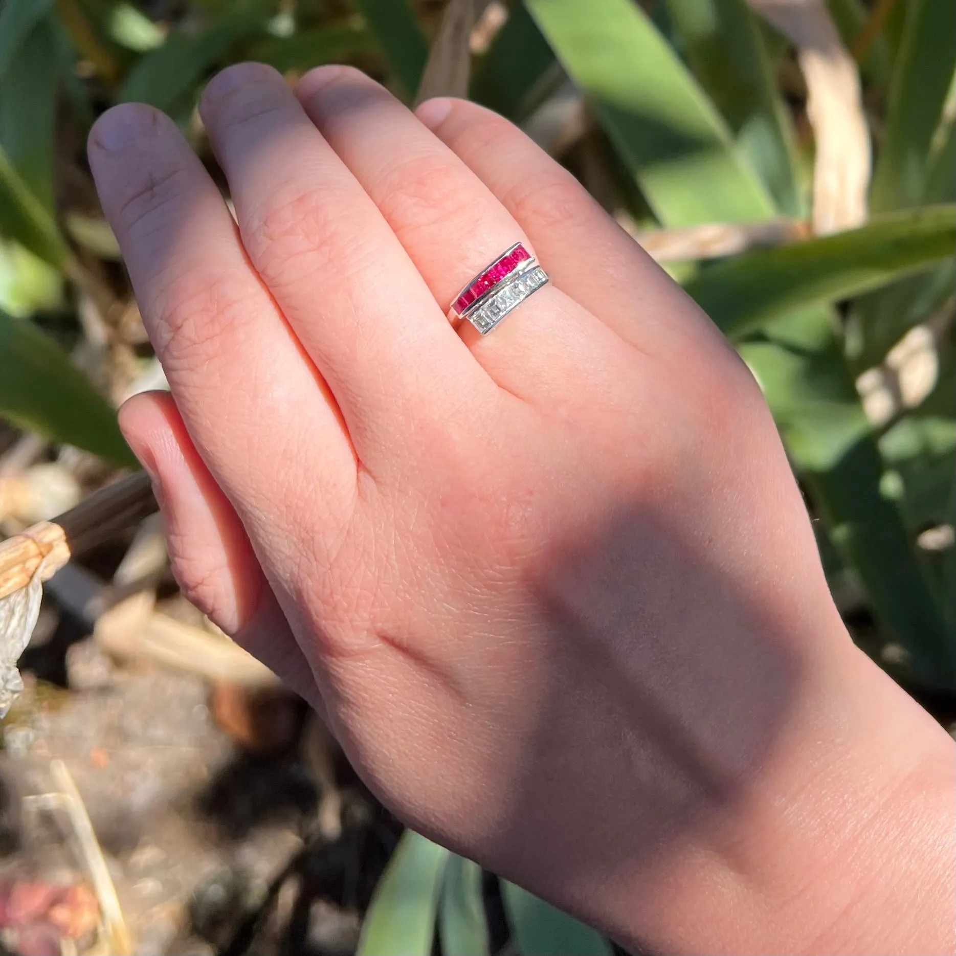 Antique Art Deco Platinum Diamond and Natural Ruby Bypass Ring