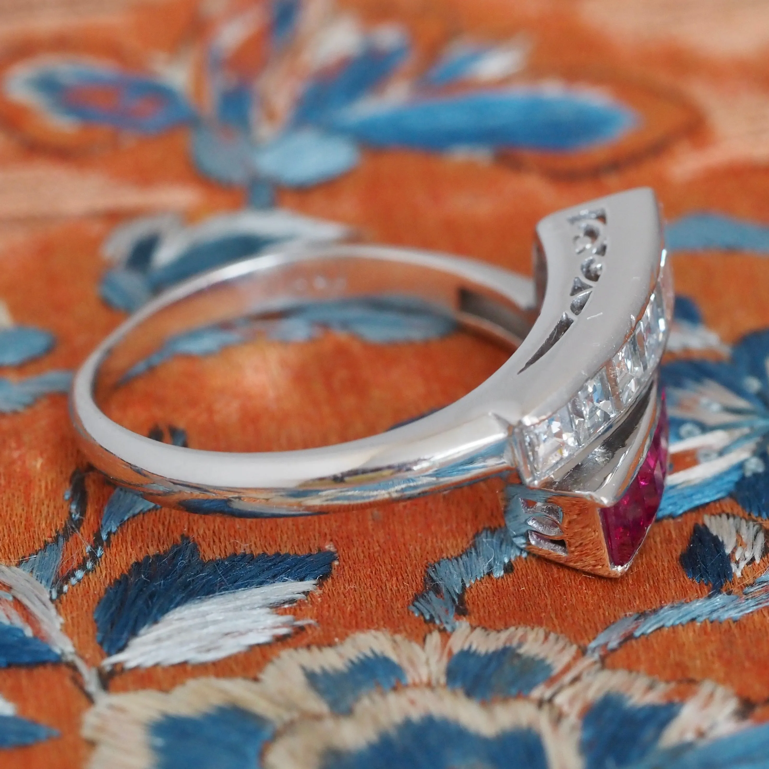 Antique Art Deco Platinum Diamond and Natural Ruby Bypass Ring
