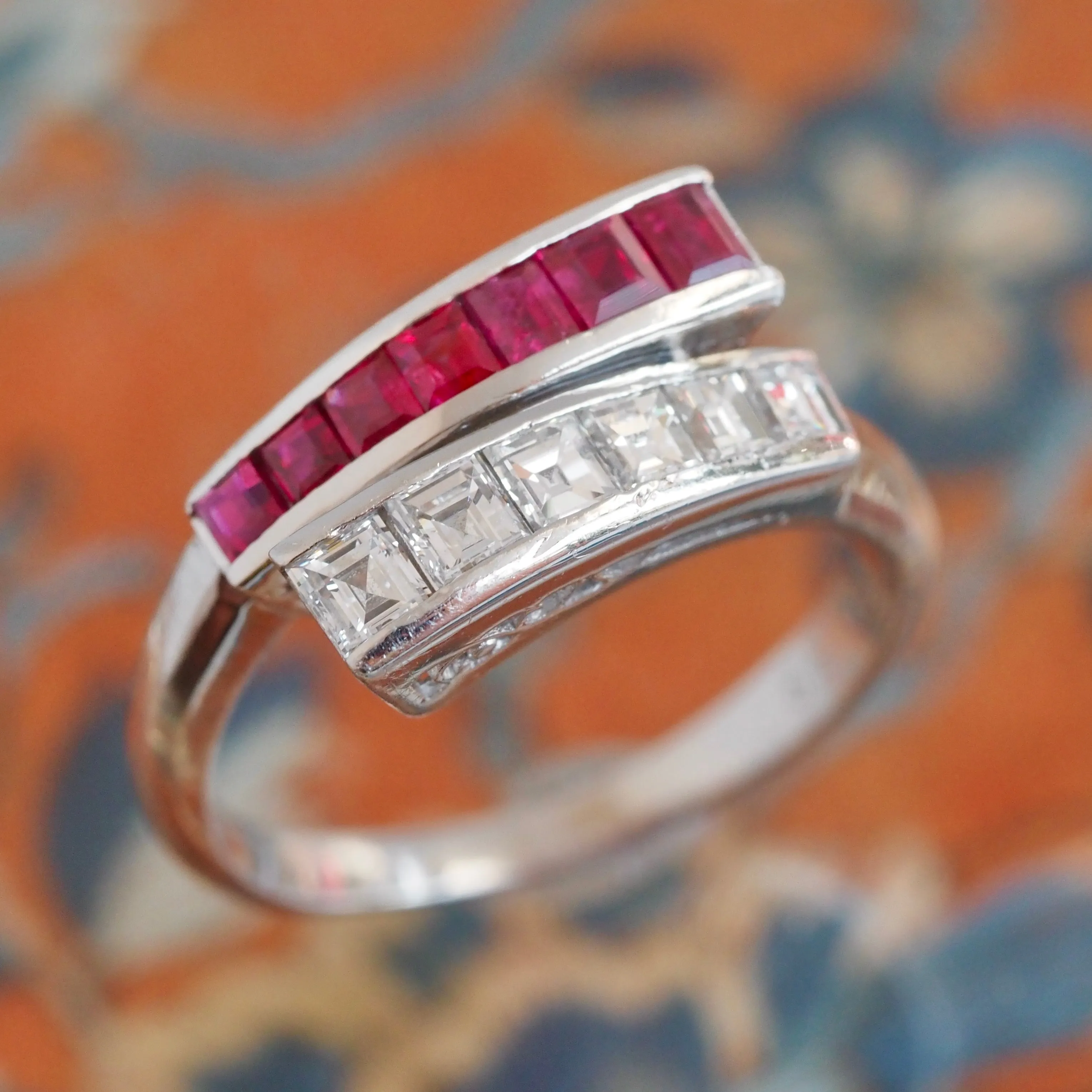 Antique Art Deco Platinum Diamond and Natural Ruby Bypass Ring