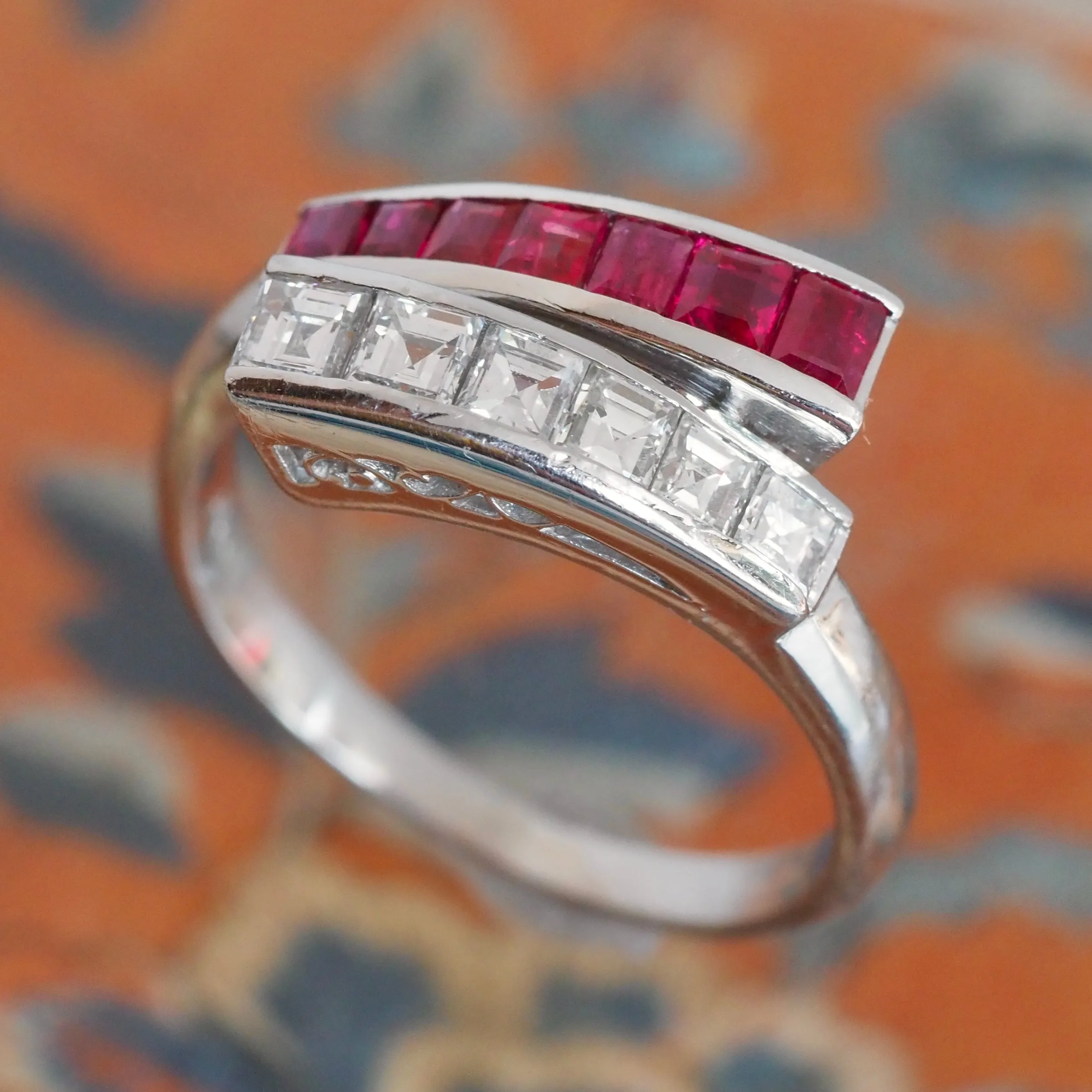 Antique Art Deco Platinum Diamond and Natural Ruby Bypass Ring