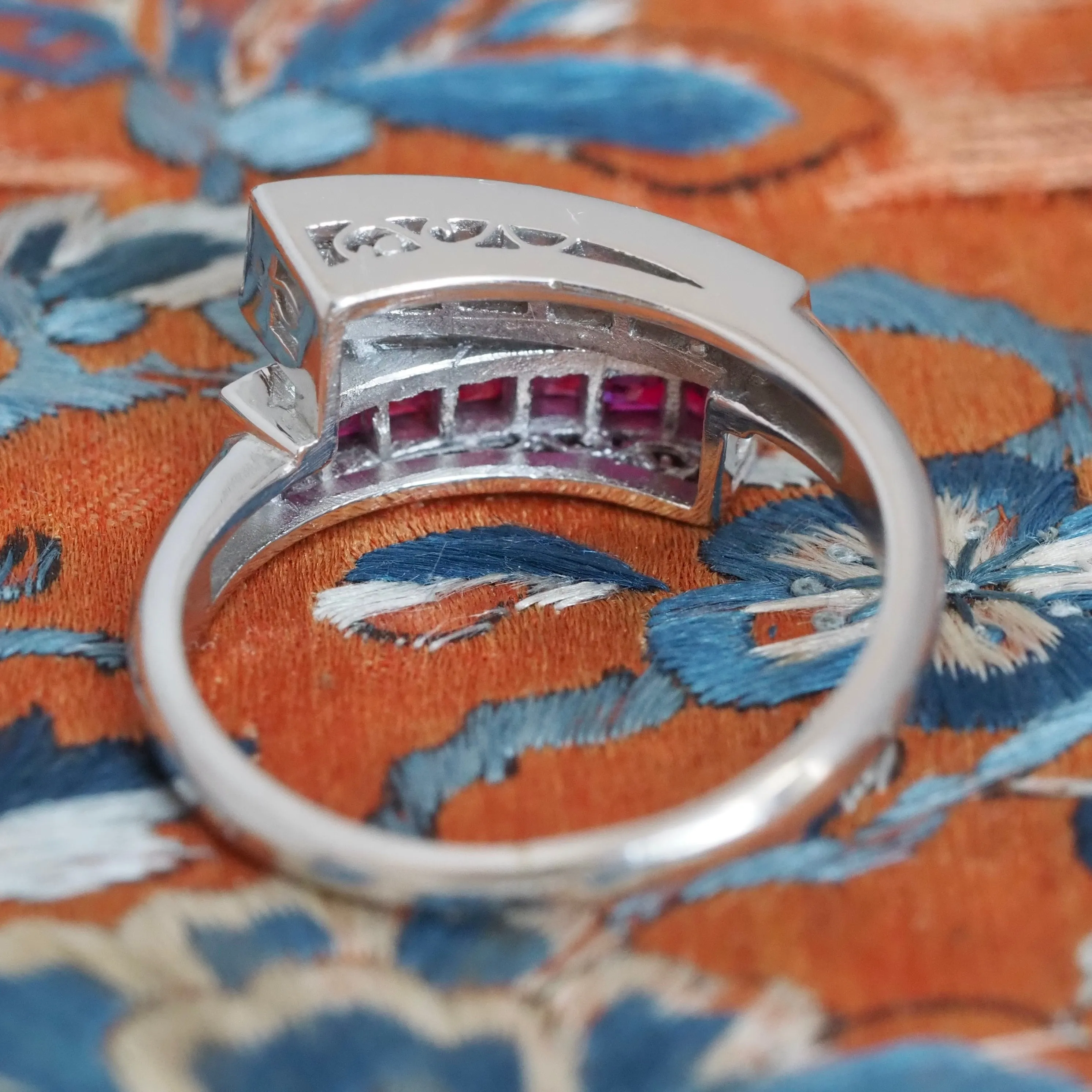 Antique Art Deco Platinum Diamond and Natural Ruby Bypass Ring