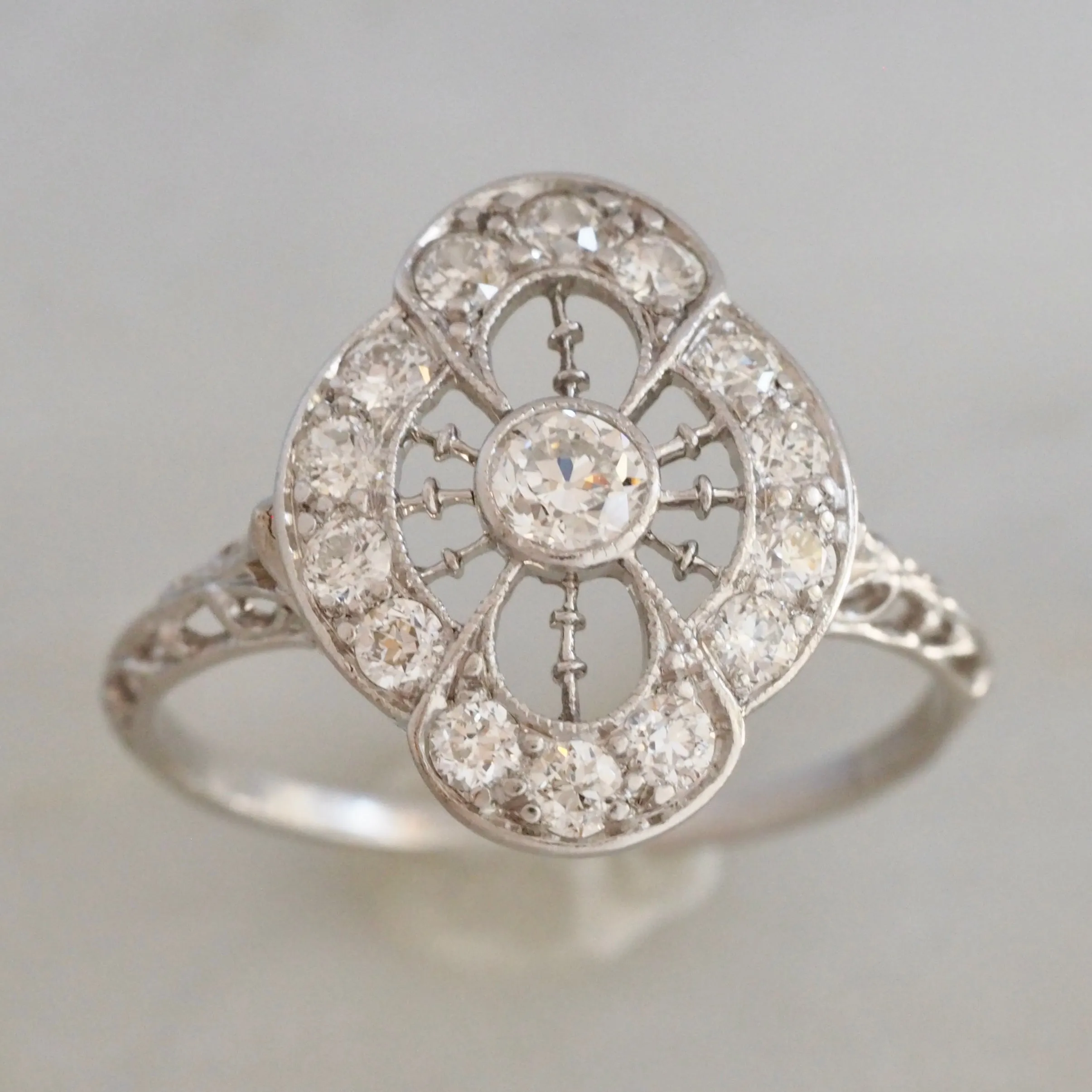 Antique Art Deco Platinum Filigree Old European Cut Diamond Shield Ring
