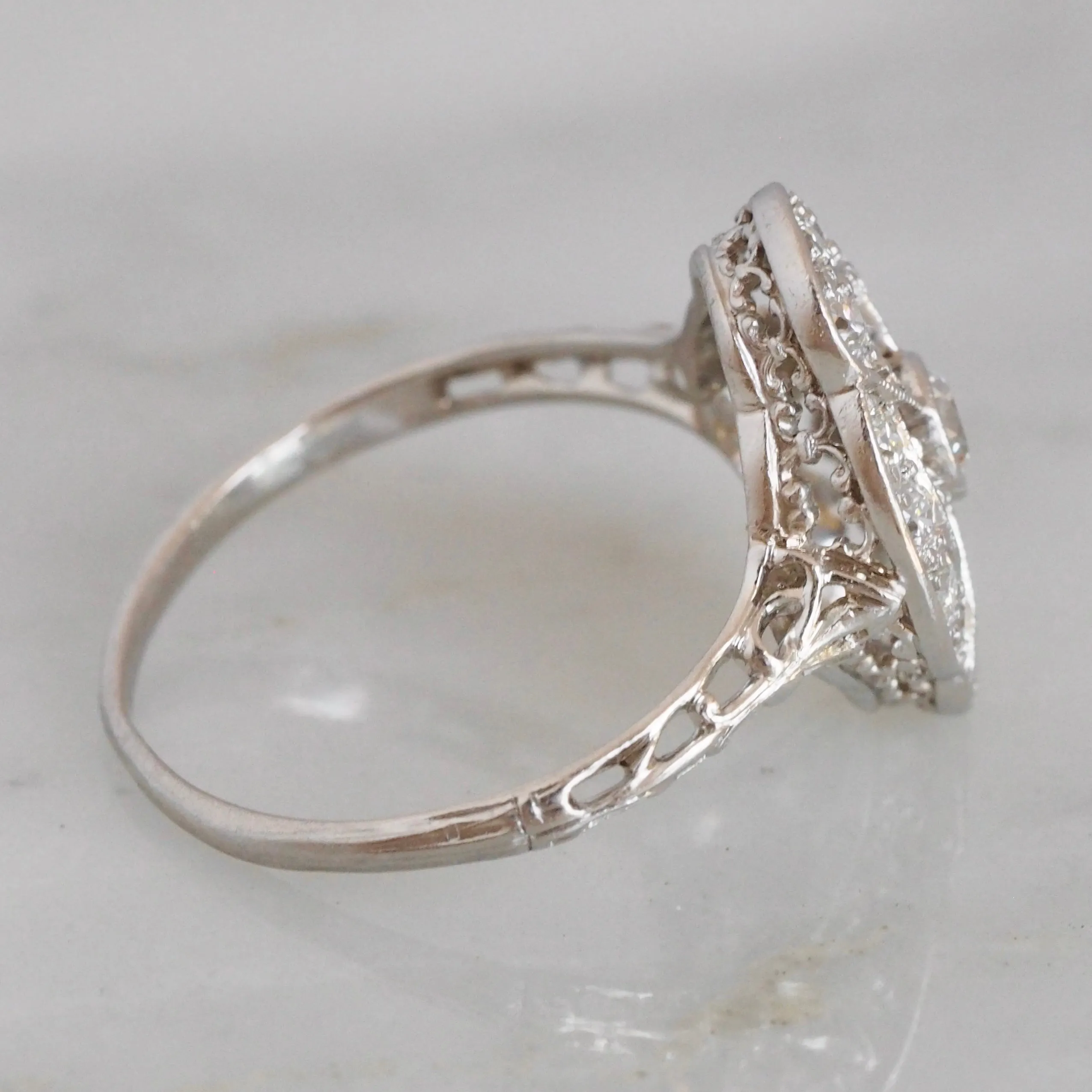 Antique Art Deco Platinum Filigree Old European Cut Diamond Shield Ring