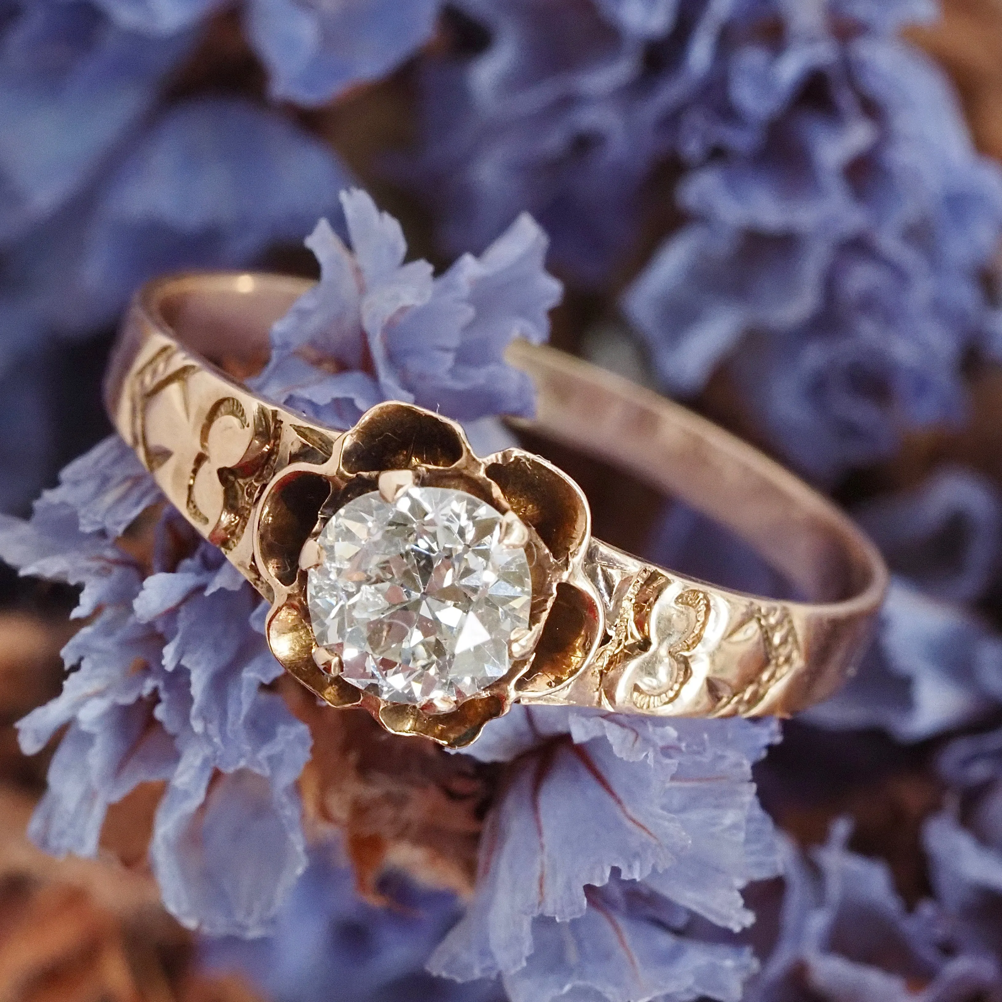 Antique Victorian Old European Cut Diamond 14k Gold Belcher Engagement Ring