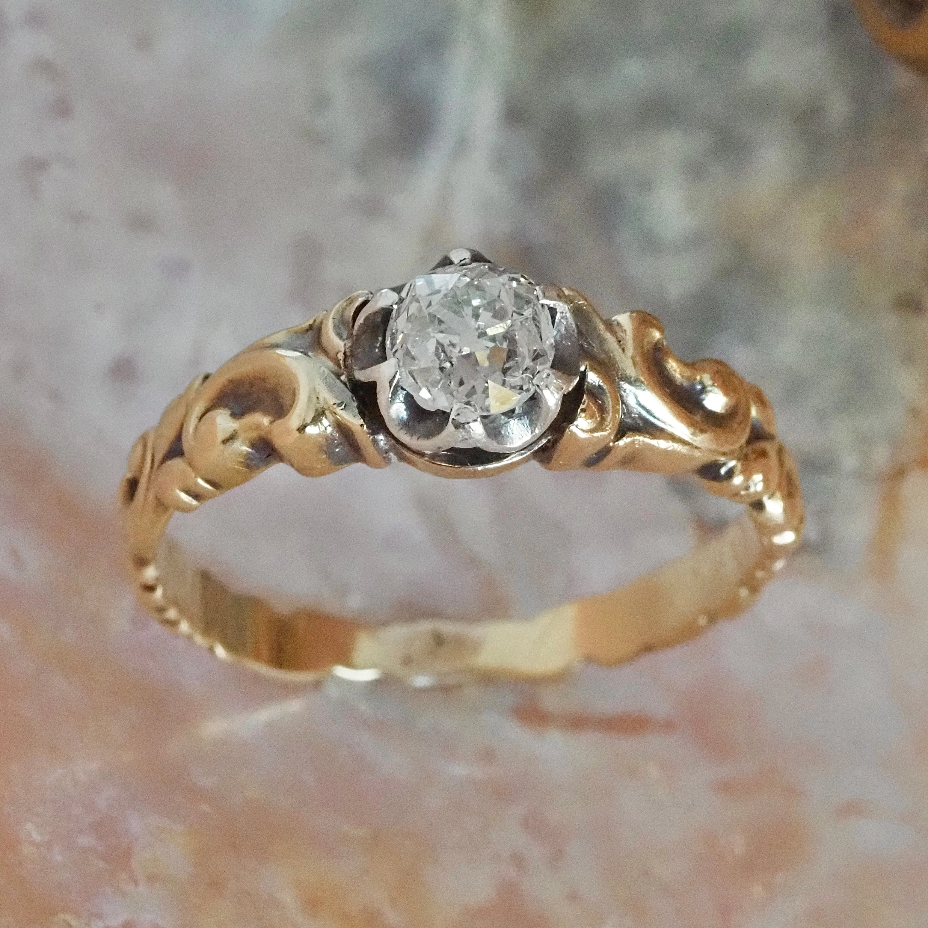 Antique Victorian Old Mine Cut Diamond 9k Gold Sterling Silver Engagement Ring