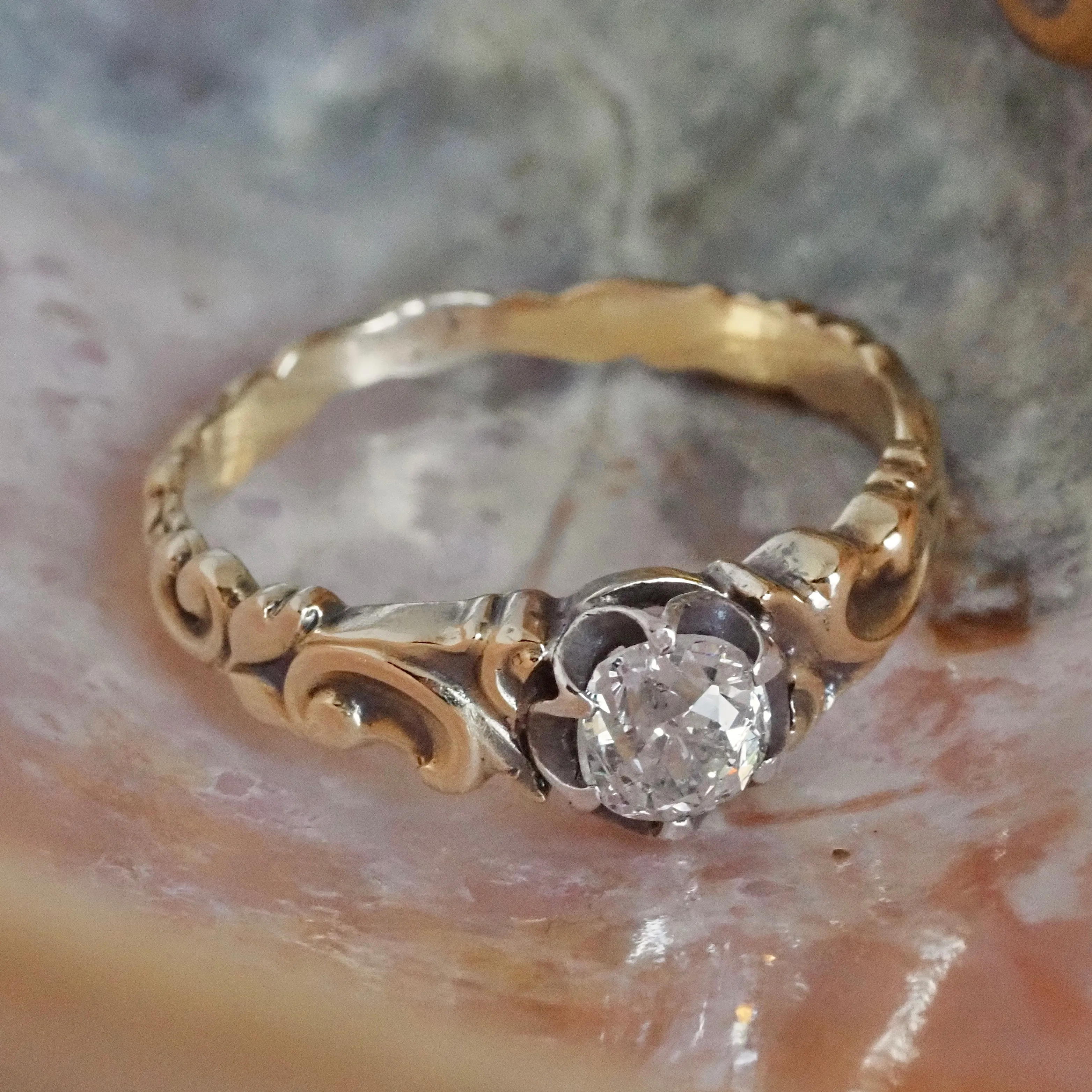 Antique Victorian Old Mine Cut Diamond 9k Gold Sterling Silver Engagement Ring