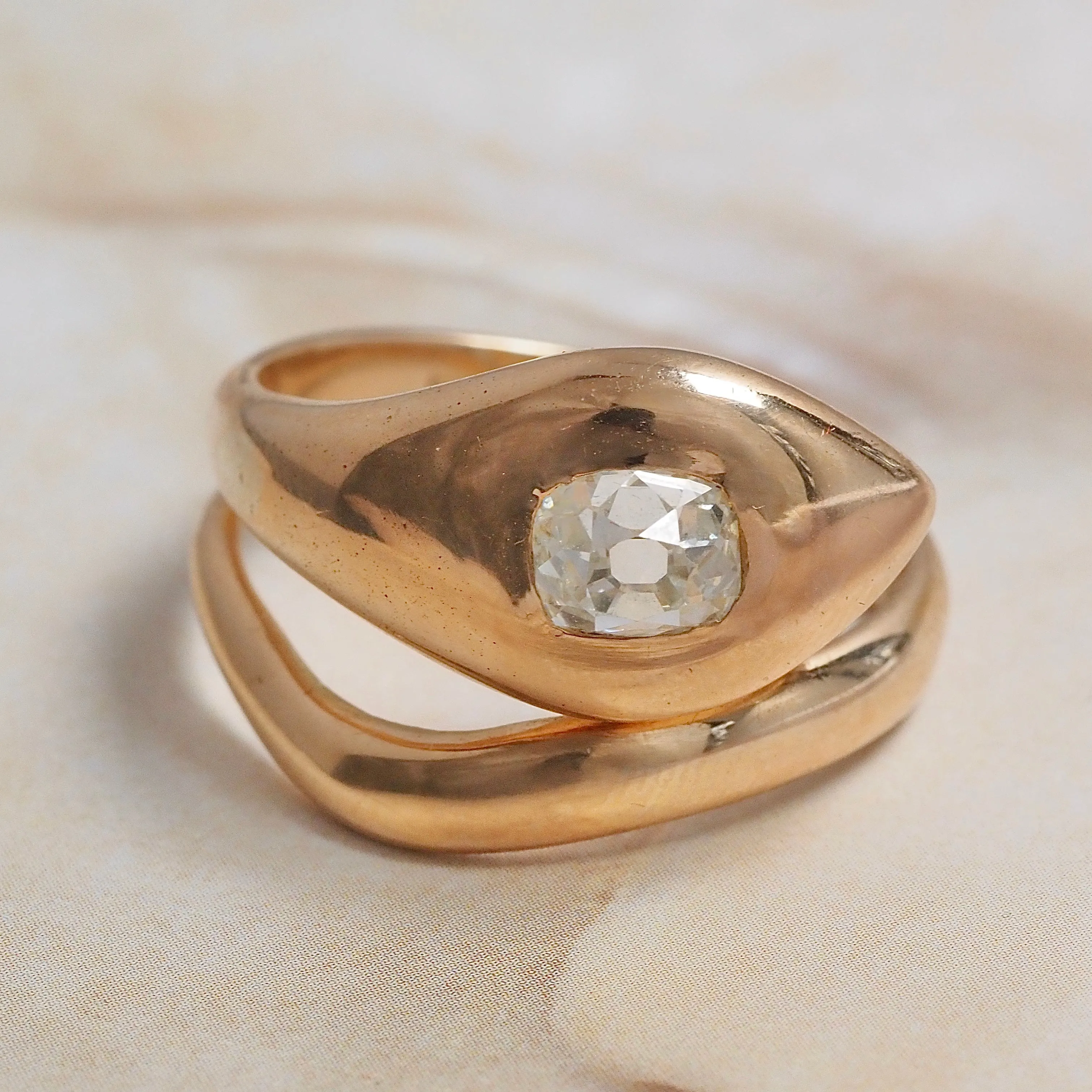 Antique Victorian Snake Cushion Cut Old Mine Cut Diamond 18k Gold Ring