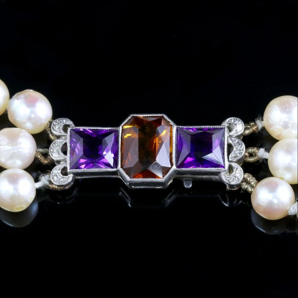 Art Deco Pearl Necklace Diamond Citrine Amethyst Platinum Clasp Circa 1920