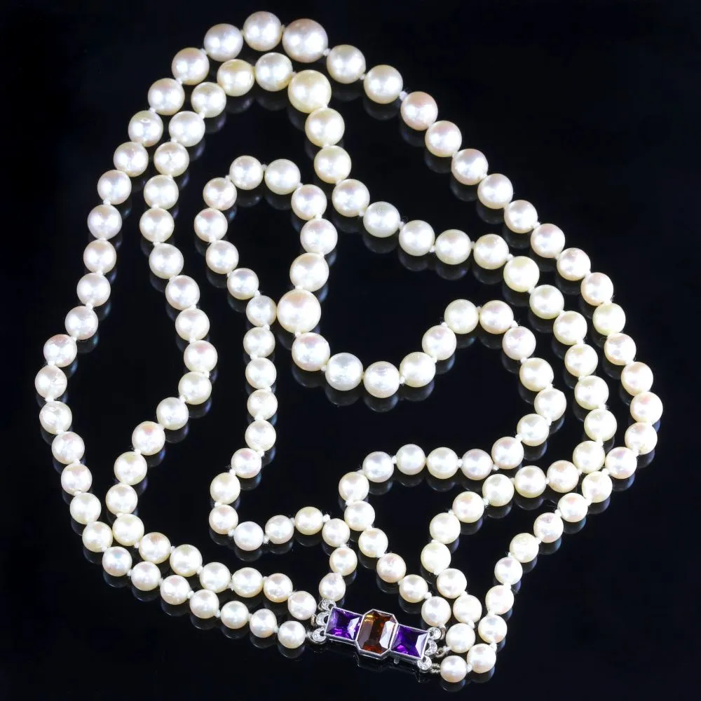 Art Deco Pearl Necklace Diamond Citrine Amethyst Platinum Clasp Circa 1920
