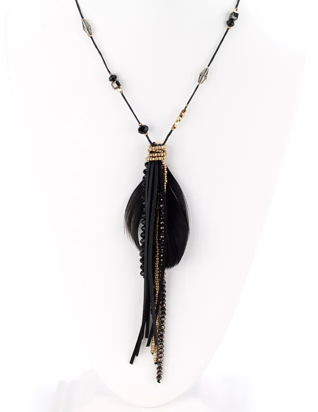 Beaded Feather Leather Combo Necklace