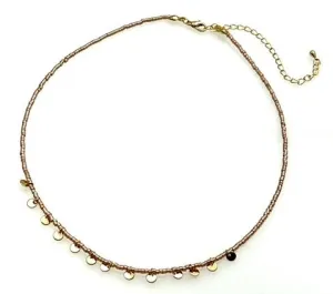Beaded Necklace with Gold Sequins - Pink beads