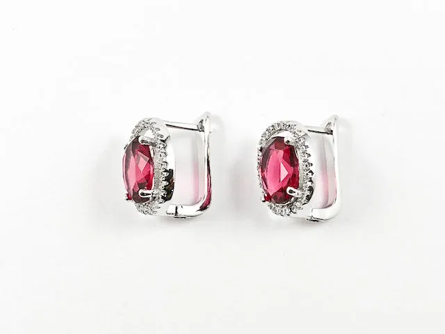 Beautiful Layered Oval Shape Center Ruby Color CZ Latch Back Silver Earrings