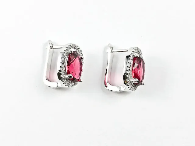 Beautiful Layered Oval Shape Center Ruby Color CZ Latch Back Silver Earrings