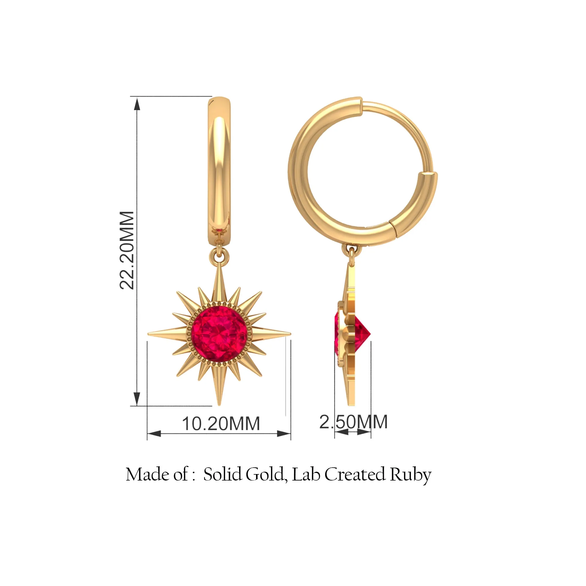 Bezel Set Created Ruby Sunburst Hoop Drop Earrings