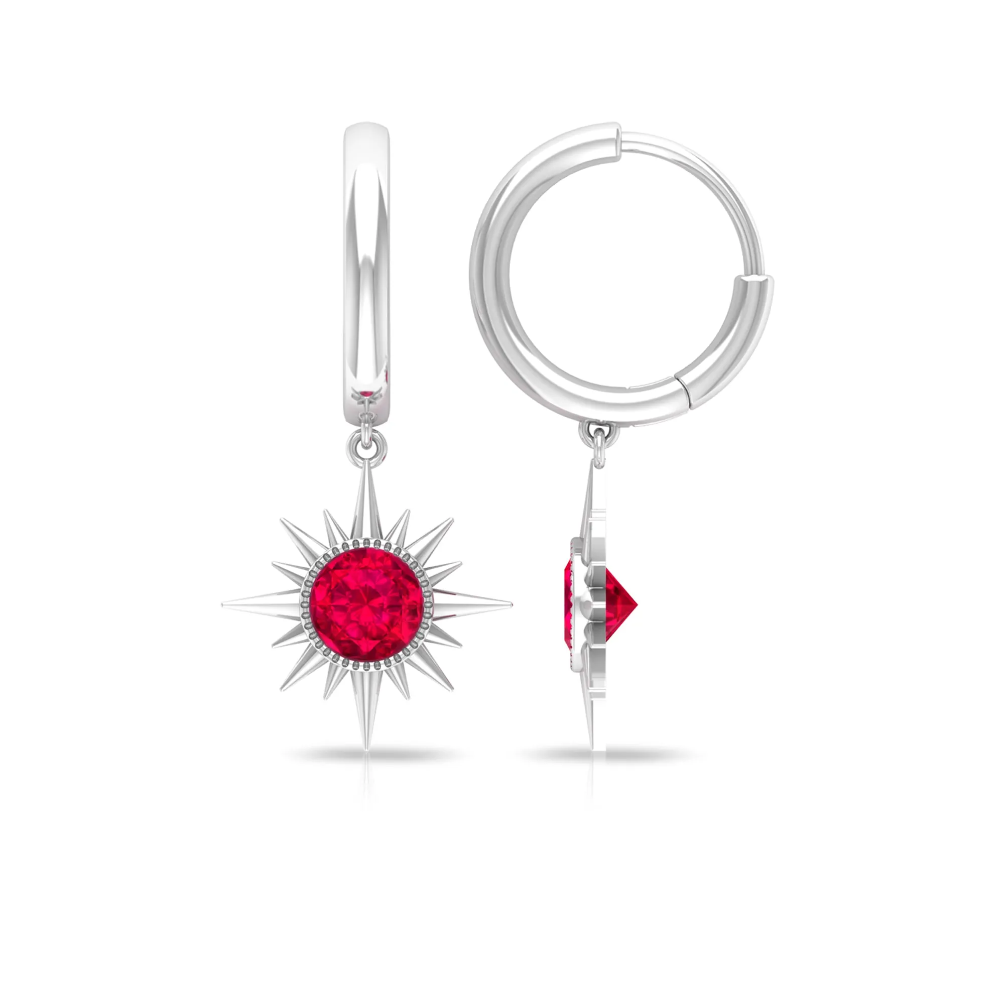 Bezel Set Created Ruby Sunburst Hoop Drop Earrings